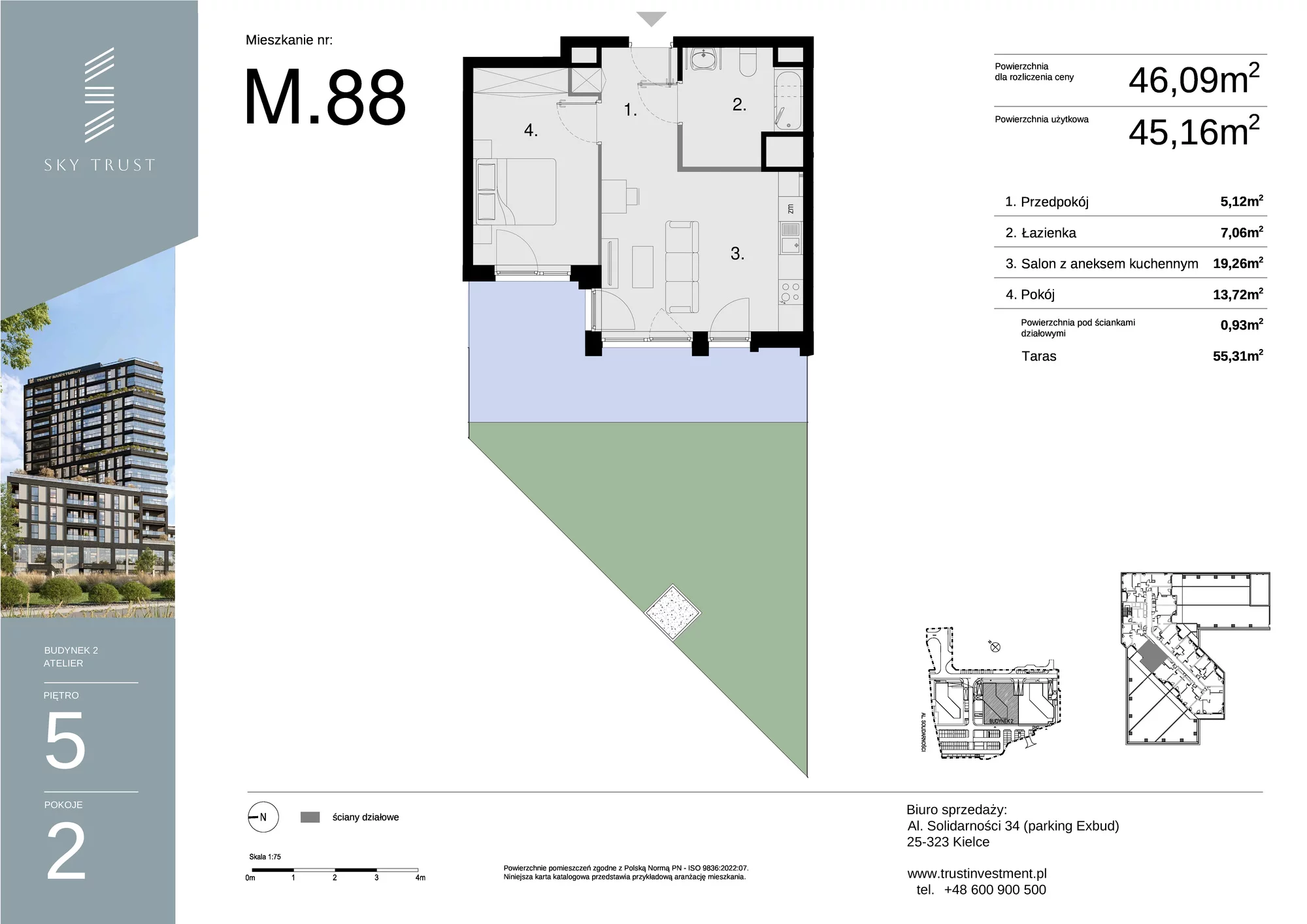 Mieszkanie 46,09 m², piętro 5, oferta nr M88, Sky Trust II , Kielce, Bocianek, al. Solidarności / ul. Świętokrzyska