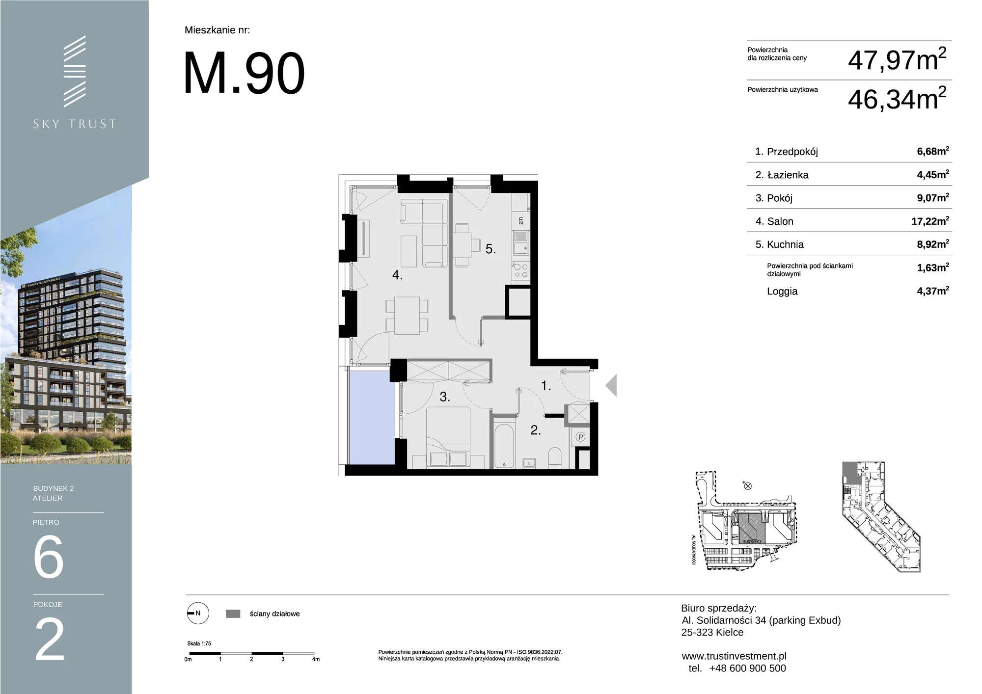 Mieszkanie 47,97 m², piętro 6, oferta nr M90, Sky Trust II , Kielce, Bocianek, al. Solidarności / ul. Świętokrzyska