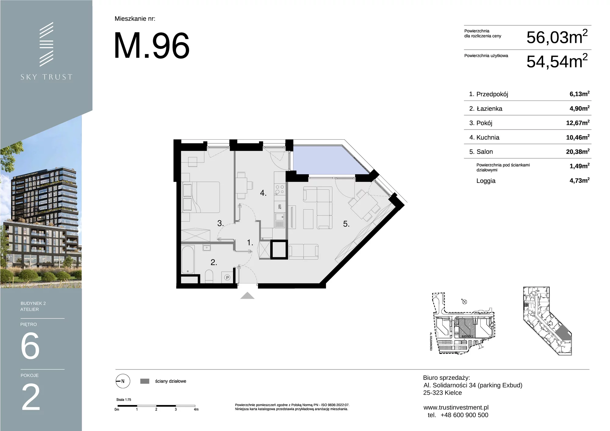 Mieszkanie 56,03 m², piętro 6, oferta nr M96, Sky Trust II , Kielce, Bocianek, al. Solidarności / ul. Świętokrzyska