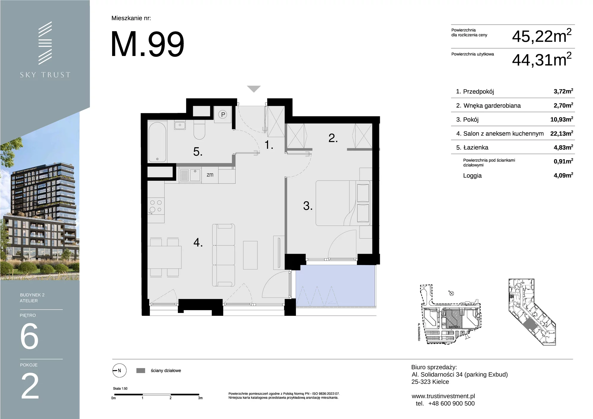 Mieszkanie 45,22 m², piętro 6, oferta nr M99, Sky Trust II , Kielce, Bocianek, al. Solidarności / ul. Świętokrzyska