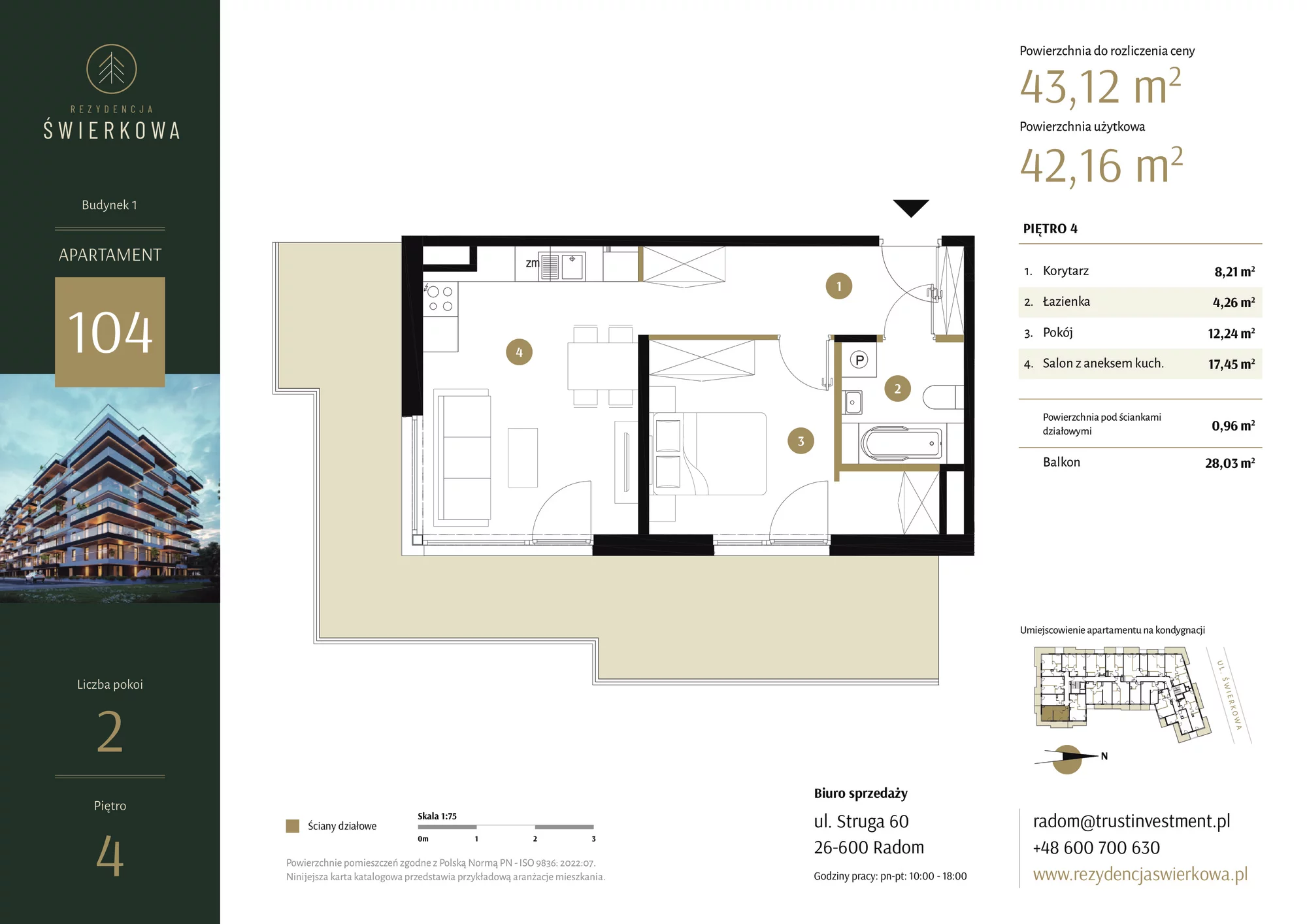 2 pokoje, mieszkanie 43,12 m², piętro 4, oferta nr 104, Rezydencja Świerkowa, Radom, Idalin, ul. Świerkowa 47