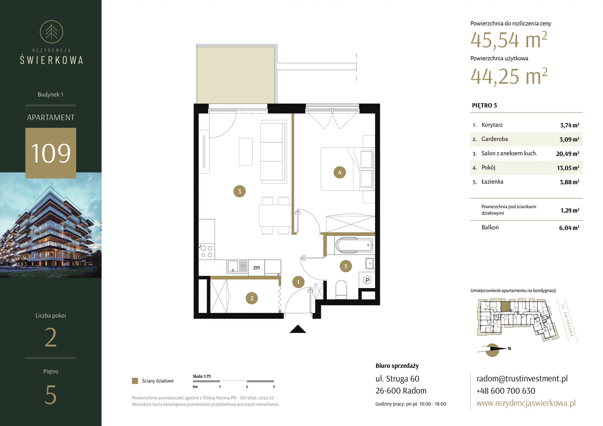 Mieszkanie 45,54 m², piętro 5, oferta nr 109, Rezydencja Świerkowa, Radom, Idalin, ul. Świerkowa 47