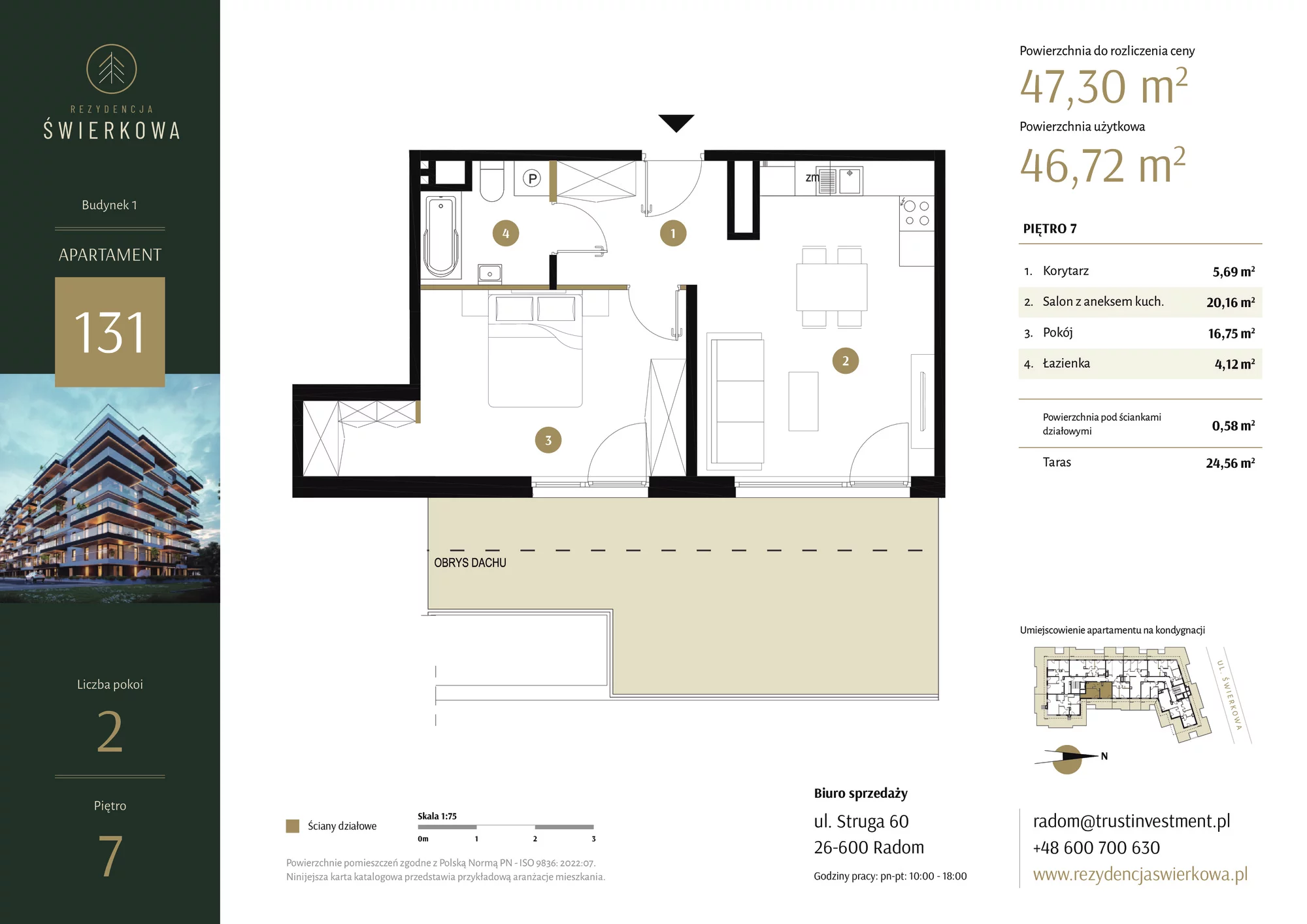 Mieszkanie 47,30 m², piętro 7, oferta nr 131, Rezydencja Świerkowa, Radom, Idalin, ul. Świerkowa 47