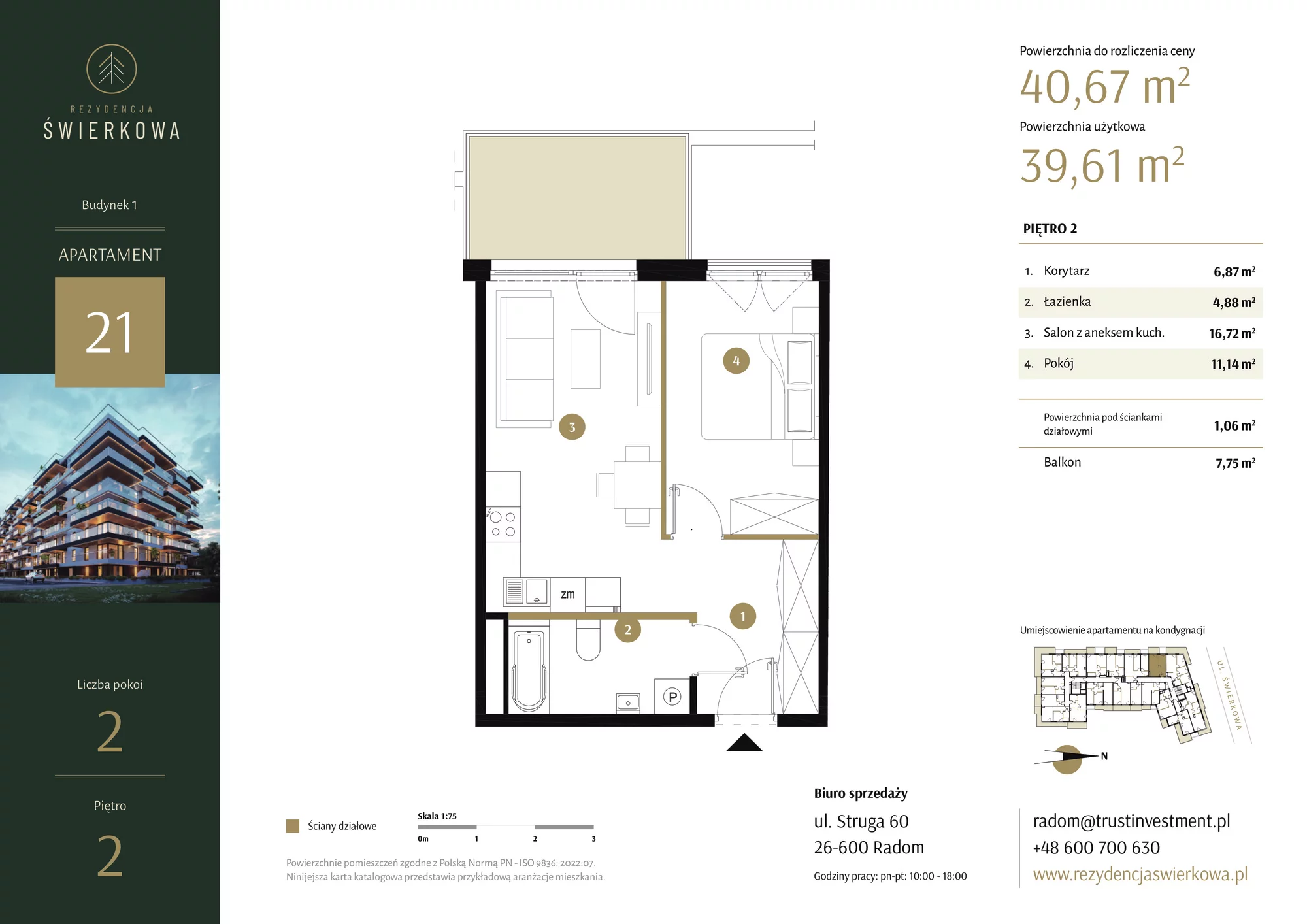 Mieszkanie 40,67 m², piętro 2, oferta nr 21, Rezydencja Świerkowa, Radom, Idalin, ul. Świerkowa 47