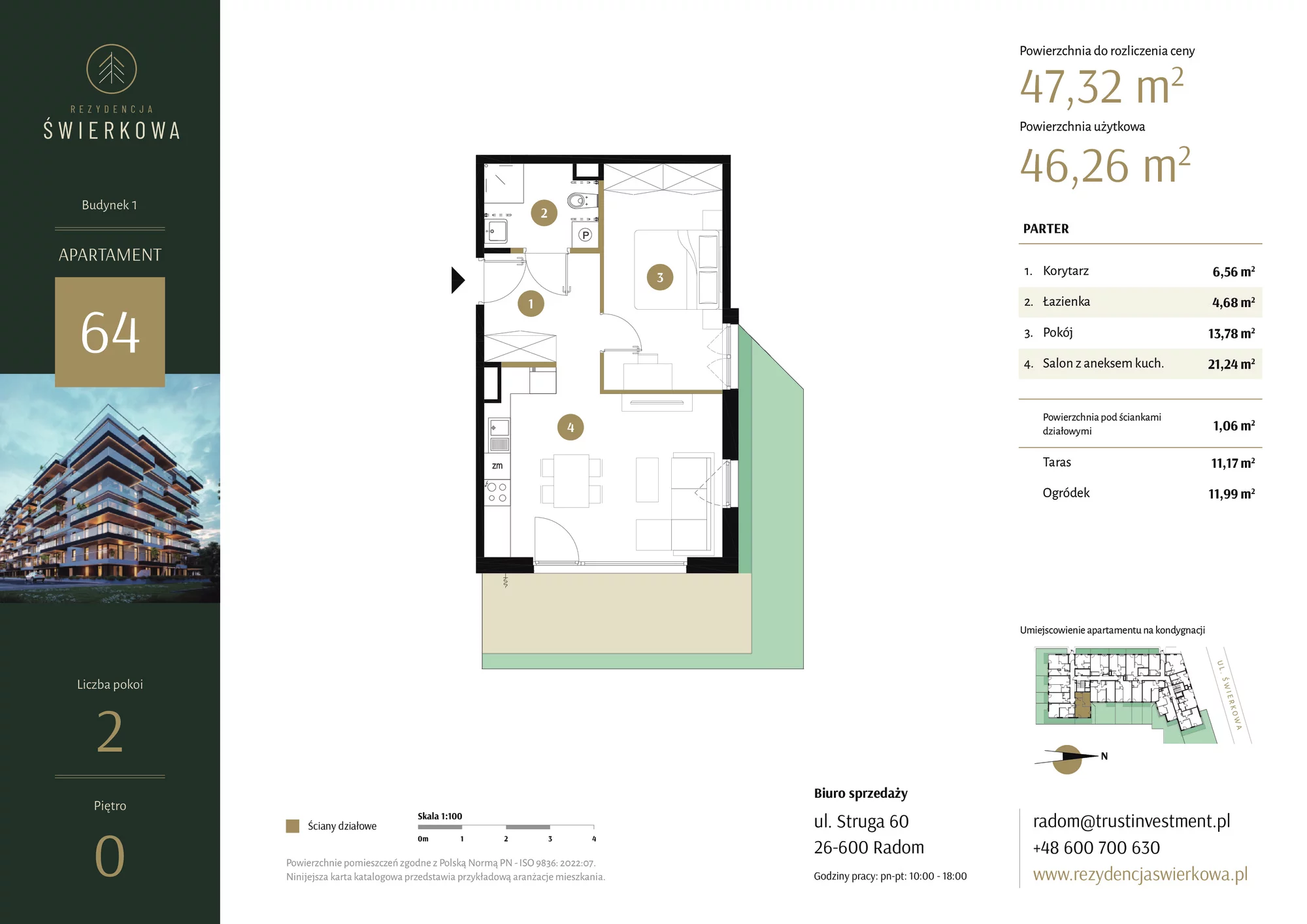 Mieszkanie 47,32 m², parter, oferta nr 64, Rezydencja Świerkowa, Radom, Idalin, ul. Świerkowa 47