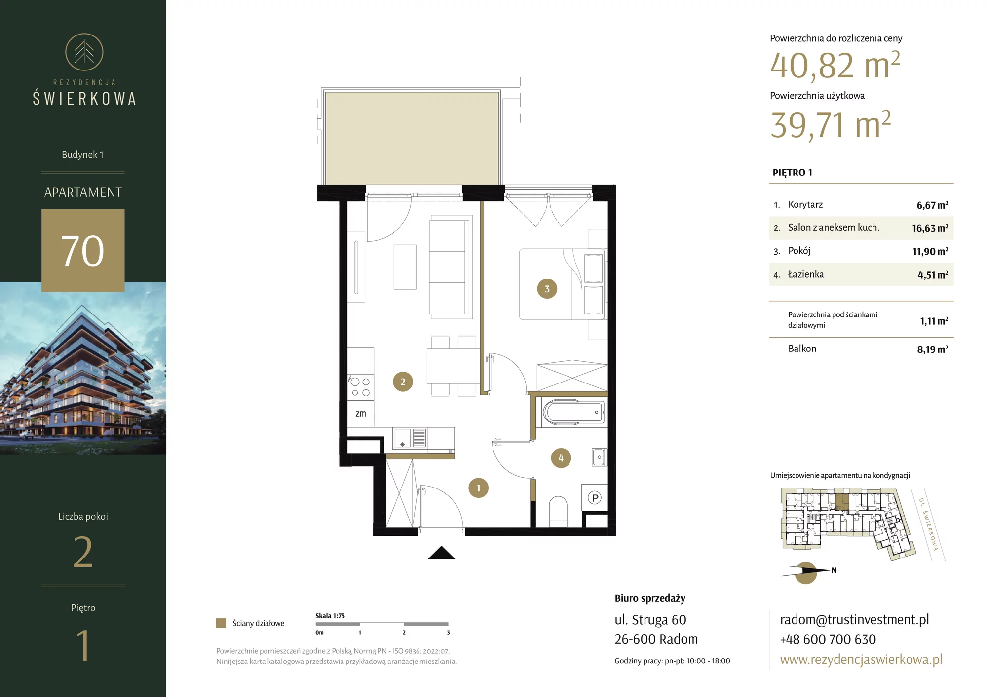 Mieszkanie 40,82 m², piętro 1, oferta nr 70, Rezydencja Świerkowa, Radom, Idalin, ul. Świerkowa 47