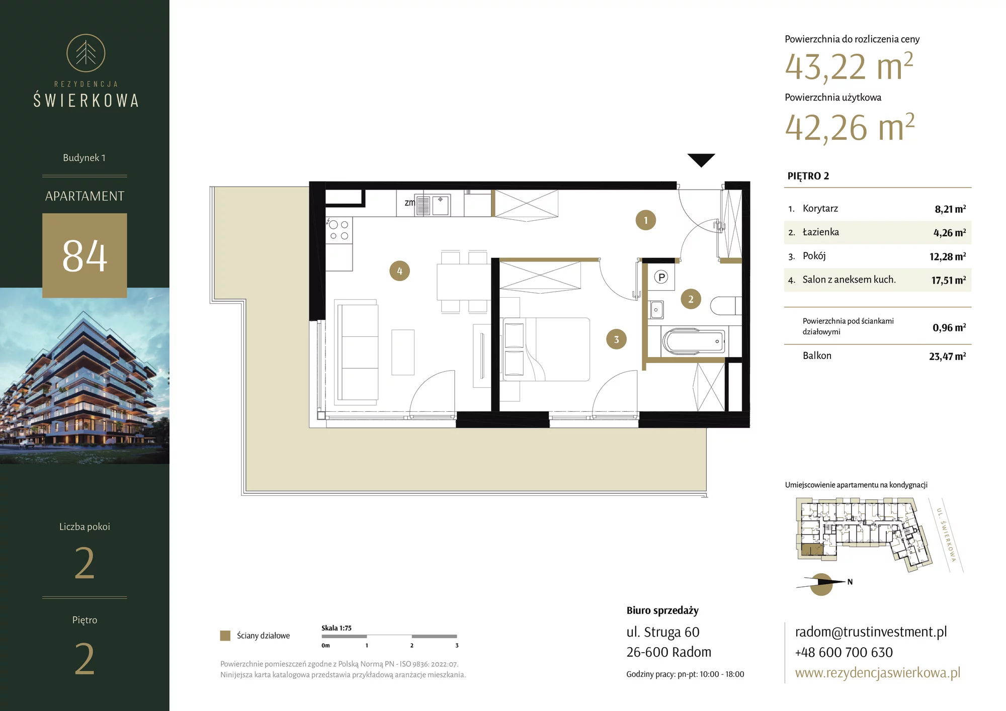 Mieszkanie 43,22 m², piętro 2, oferta nr 84, Rezydencja Świerkowa, Radom, Idalin, ul. Świerkowa 47