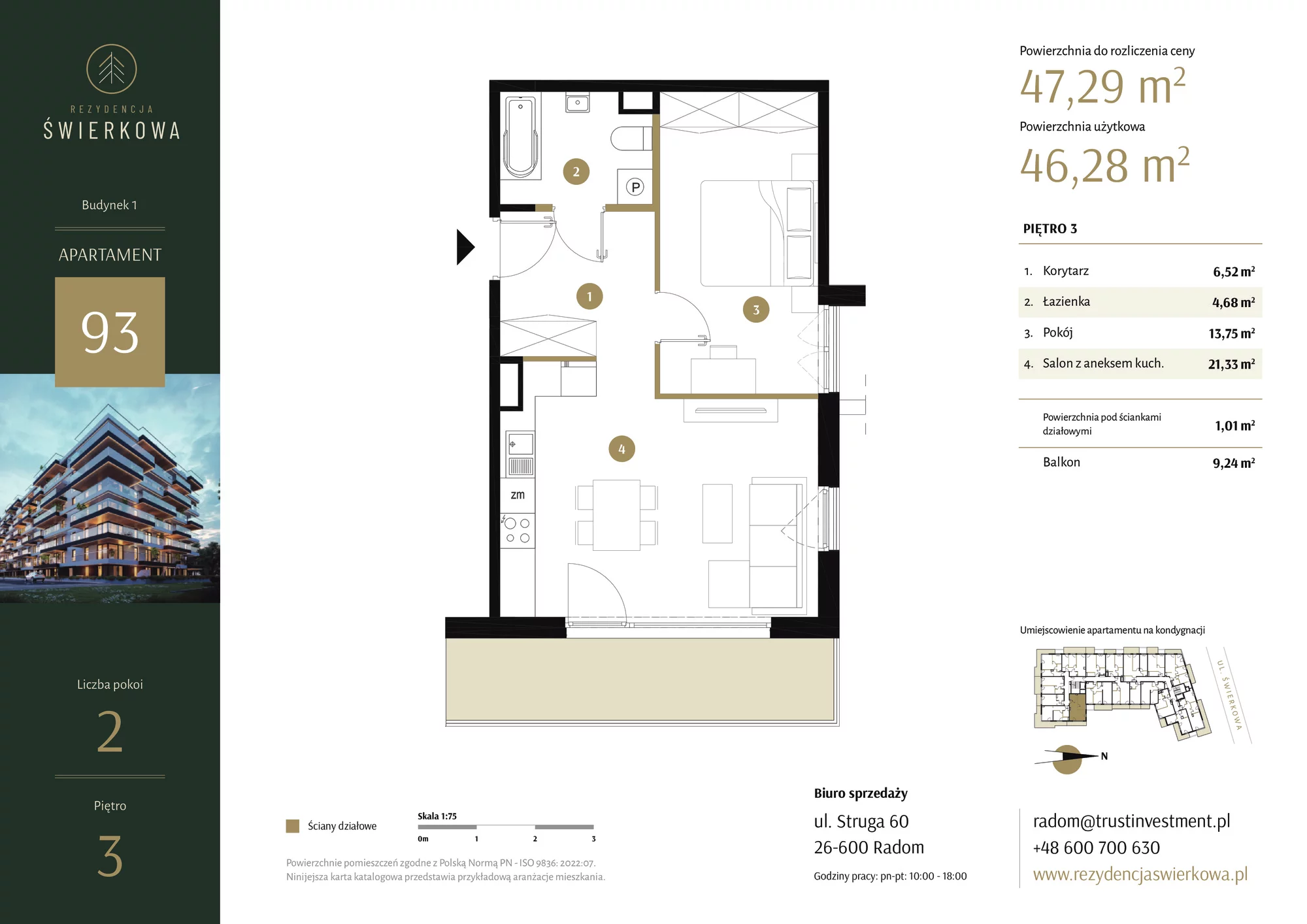 Mieszkanie 47,29 m², piętro 3, oferta nr 93, Rezydencja Świerkowa, Radom, Idalin, ul. Świerkowa 47