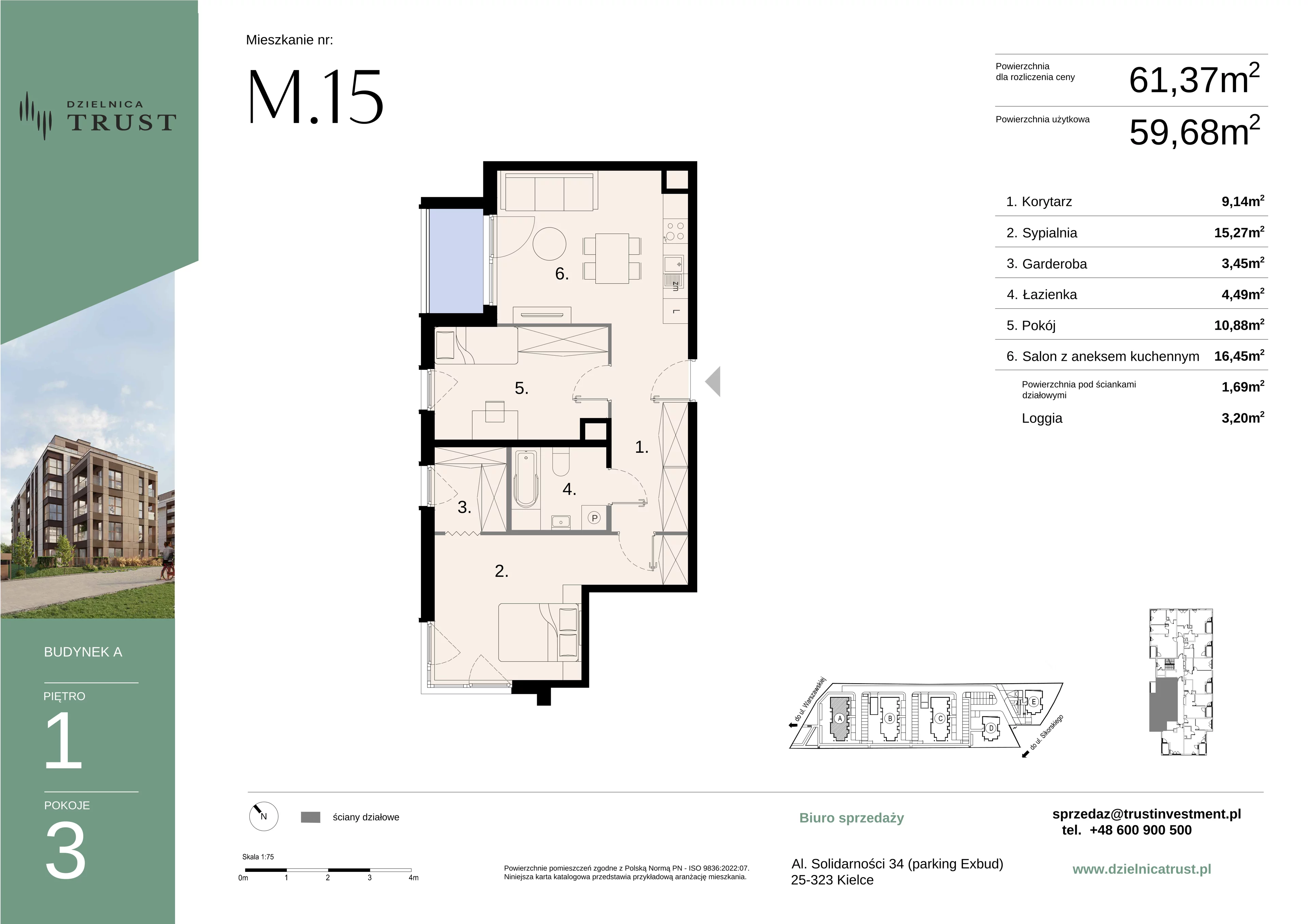 3 pokoje, mieszkanie 61,37 m², piętro 1, oferta nr A, Dzielnica Trust, Kielce, Na Stoku, ul. Gen. Władysława Sikorskiego