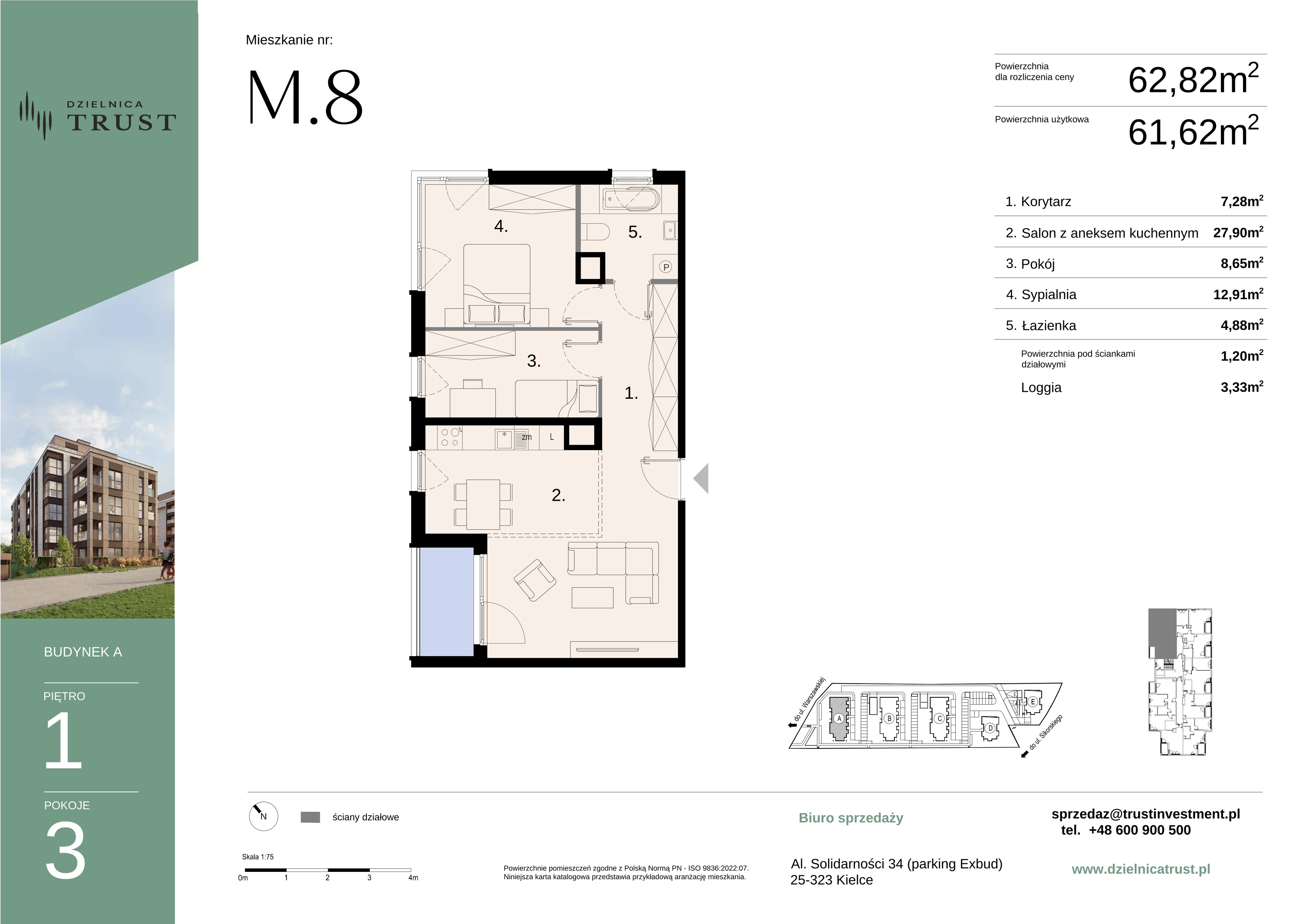 3 pokoje, mieszkanie 62,82 m², piętro 1, oferta nr A, Dzielnica Trust, Kielce, Na Stoku, ul. Gen. Władysława Sikorskiego