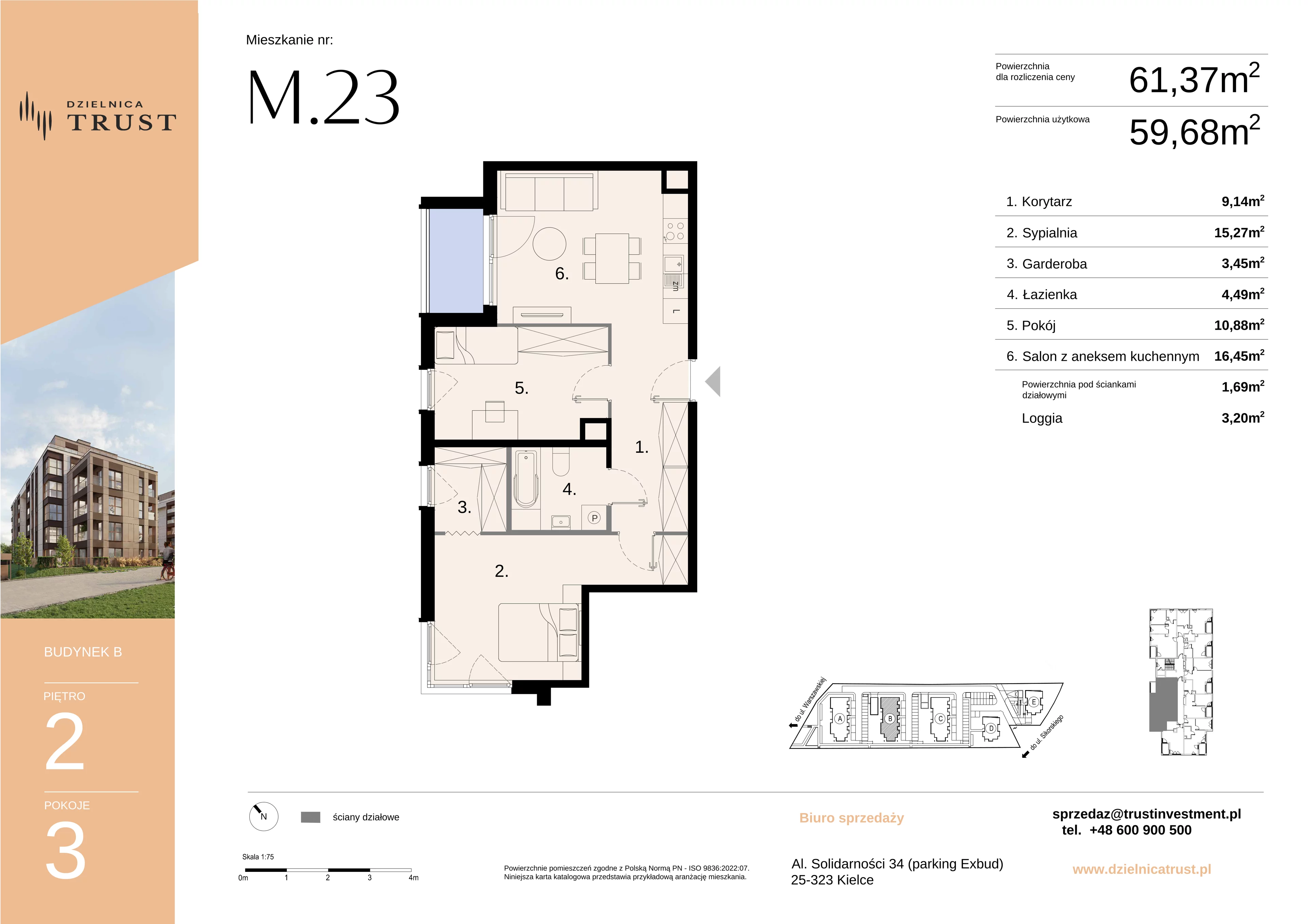 3 pokoje, mieszkanie 61,37 m², piętro 2, oferta nr B, Dzielnica Trust, Kielce, Na Stoku, ul. Gen. Władysława Sikorskiego