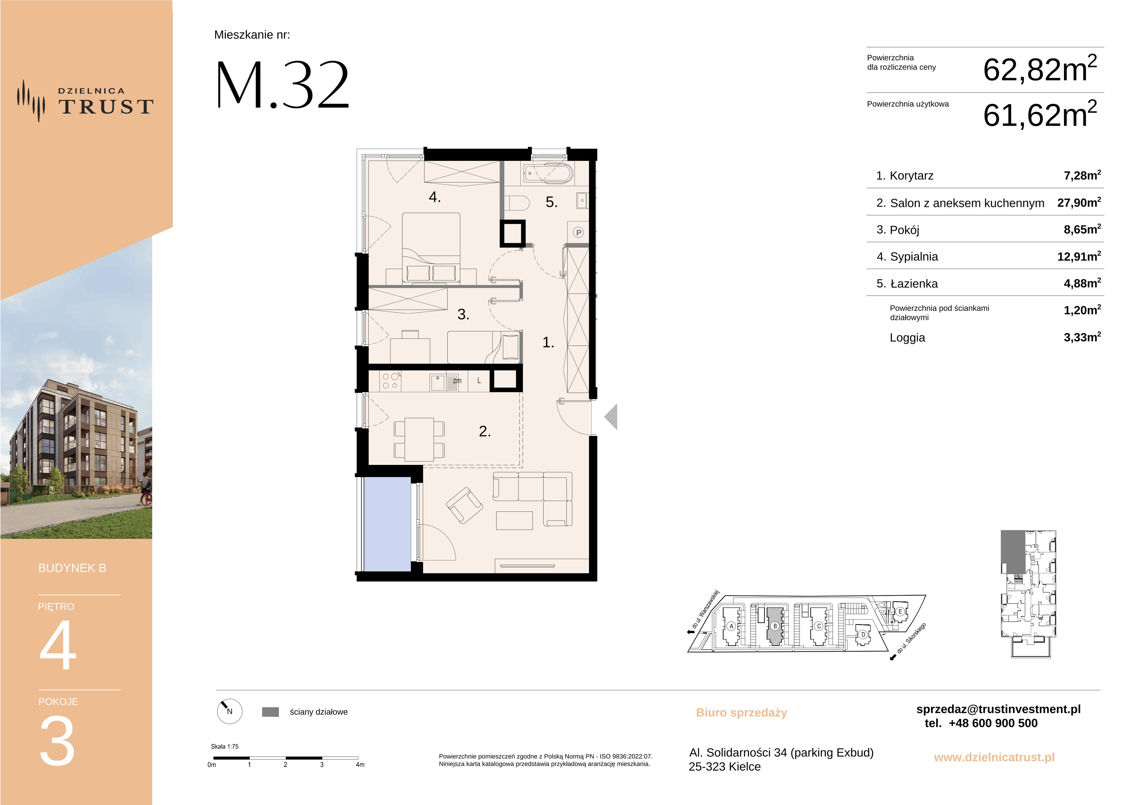 3 pokoje, mieszkanie 62,82 m², piętro 4, oferta nr B, Dzielnica Trust, Kielce, Na Stoku, ul. Gen. Władysława Sikorskiego