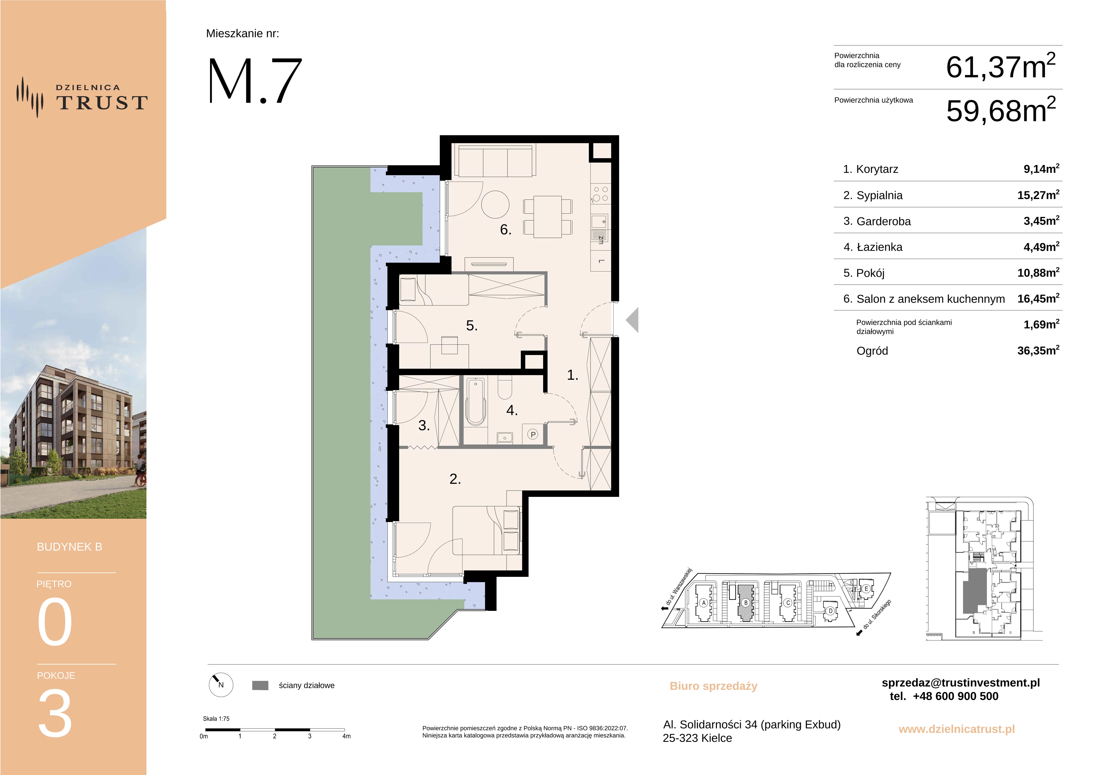 3 pokoje, mieszkanie 61,37 m², parter, oferta nr B, Dzielnica Trust, Kielce, Na Stoku, ul. Gen. Władysława Sikorskiego