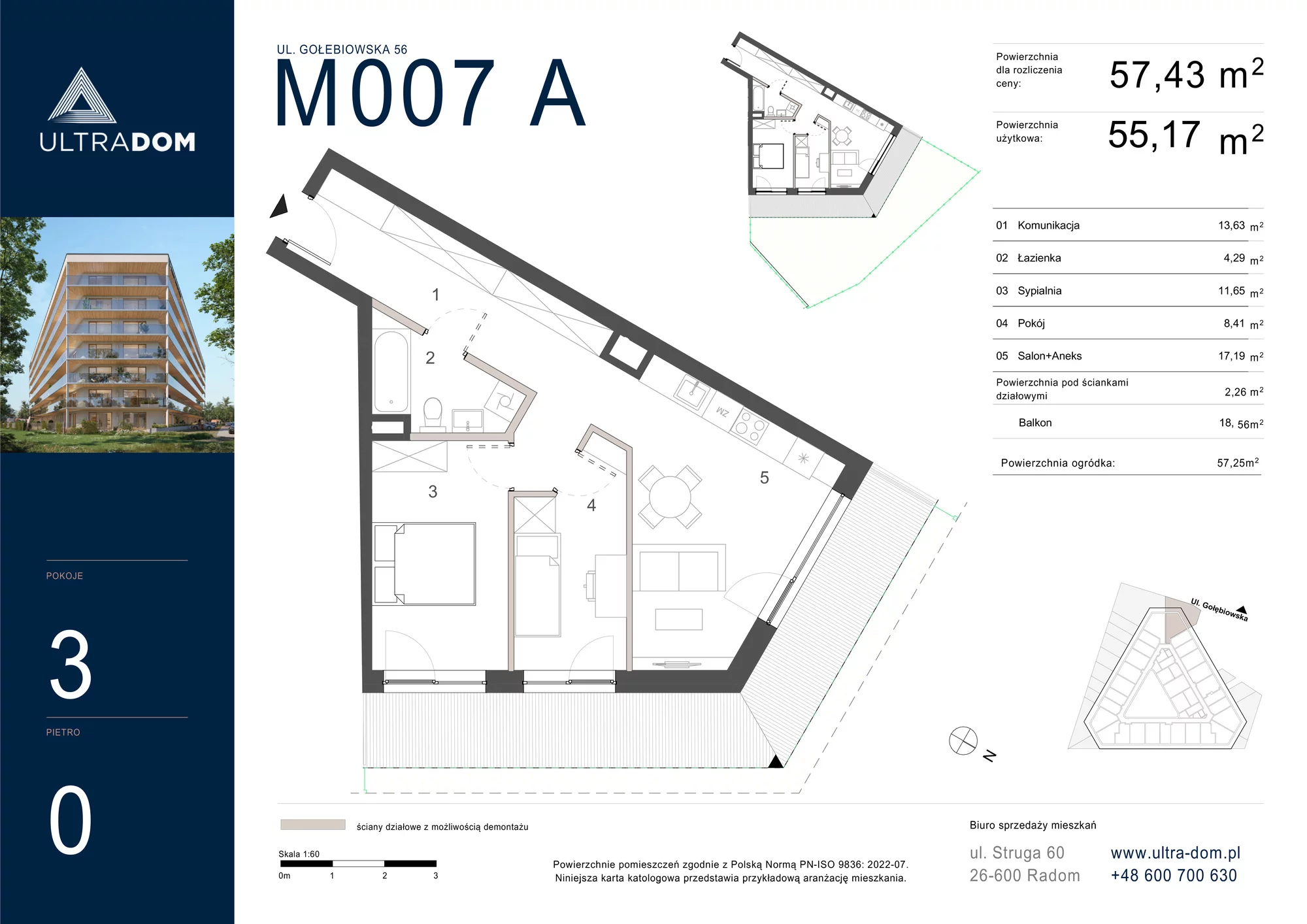 Mieszkanie 57,43 m², parter, oferta nr M007A, ULTRADOM, Radom, Gołębiów, ul. Gołębiowska