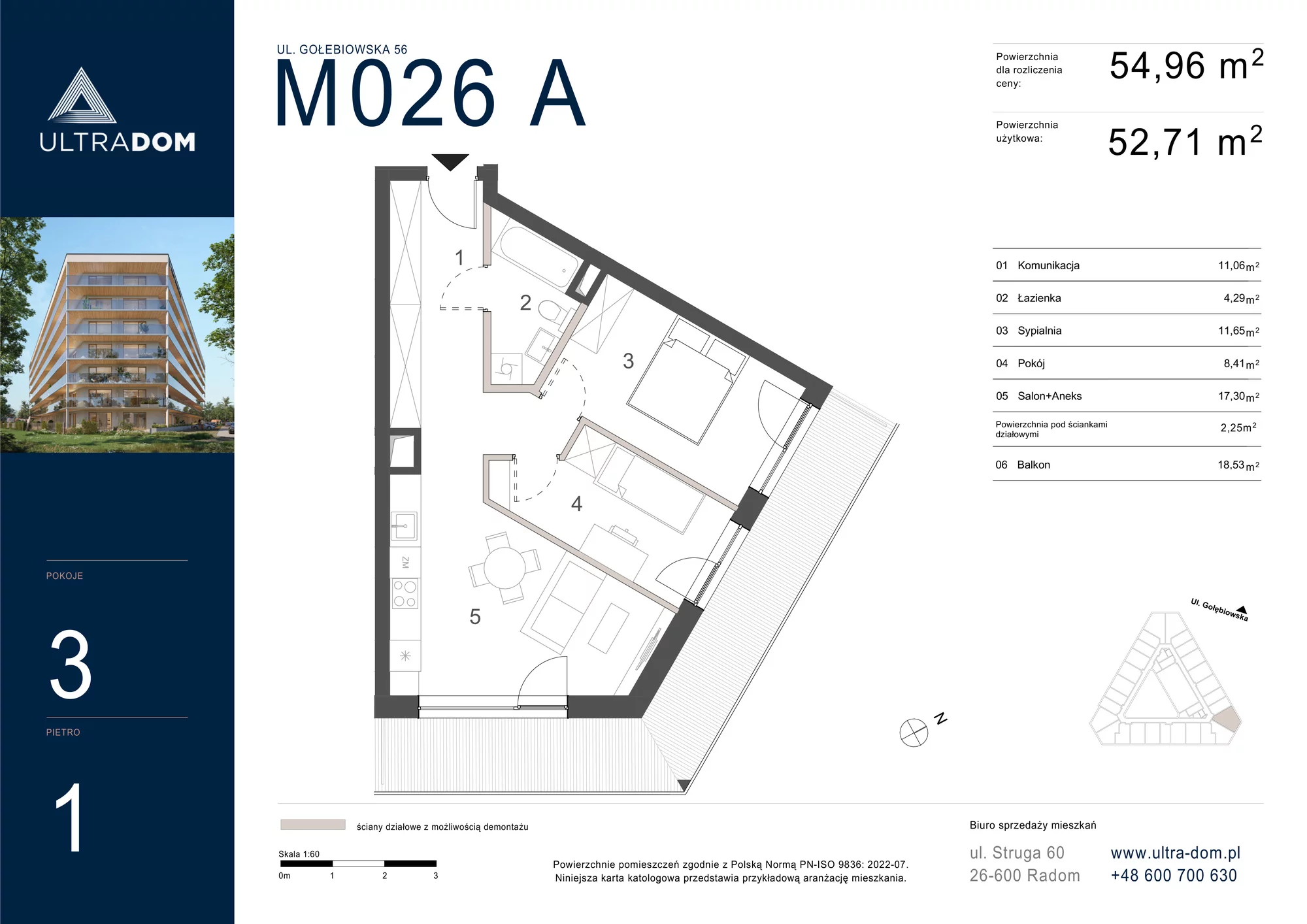 Mieszkanie 54,96 m², piętro 1, oferta nr M026A, ULTRADOM, Radom, Gołębiów, ul. Gołębiowska