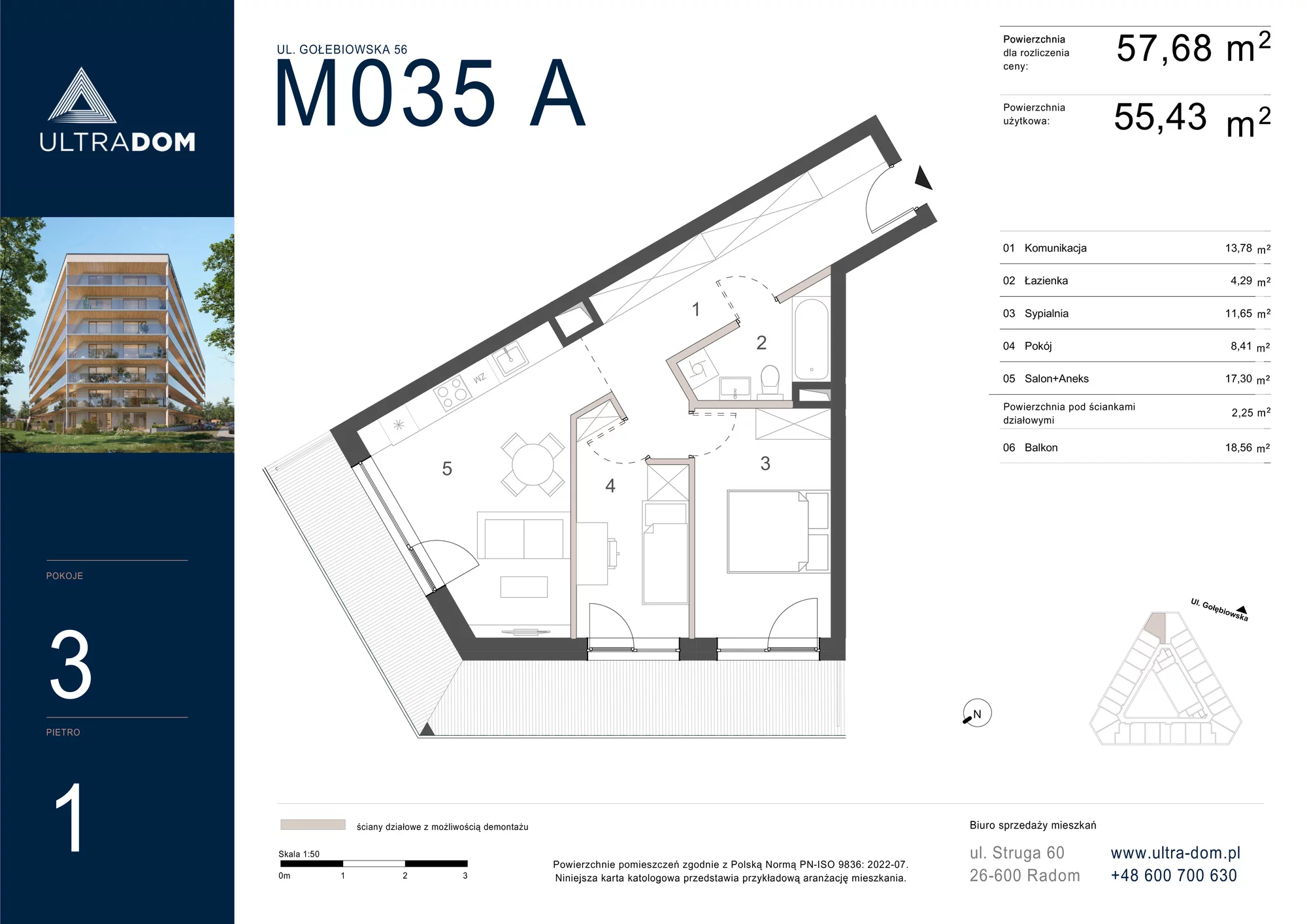 Mieszkanie 57,68 m², piętro 1, oferta nr M035A, ULTRADOM, Radom, Gołębiów, ul. Gołębiowska