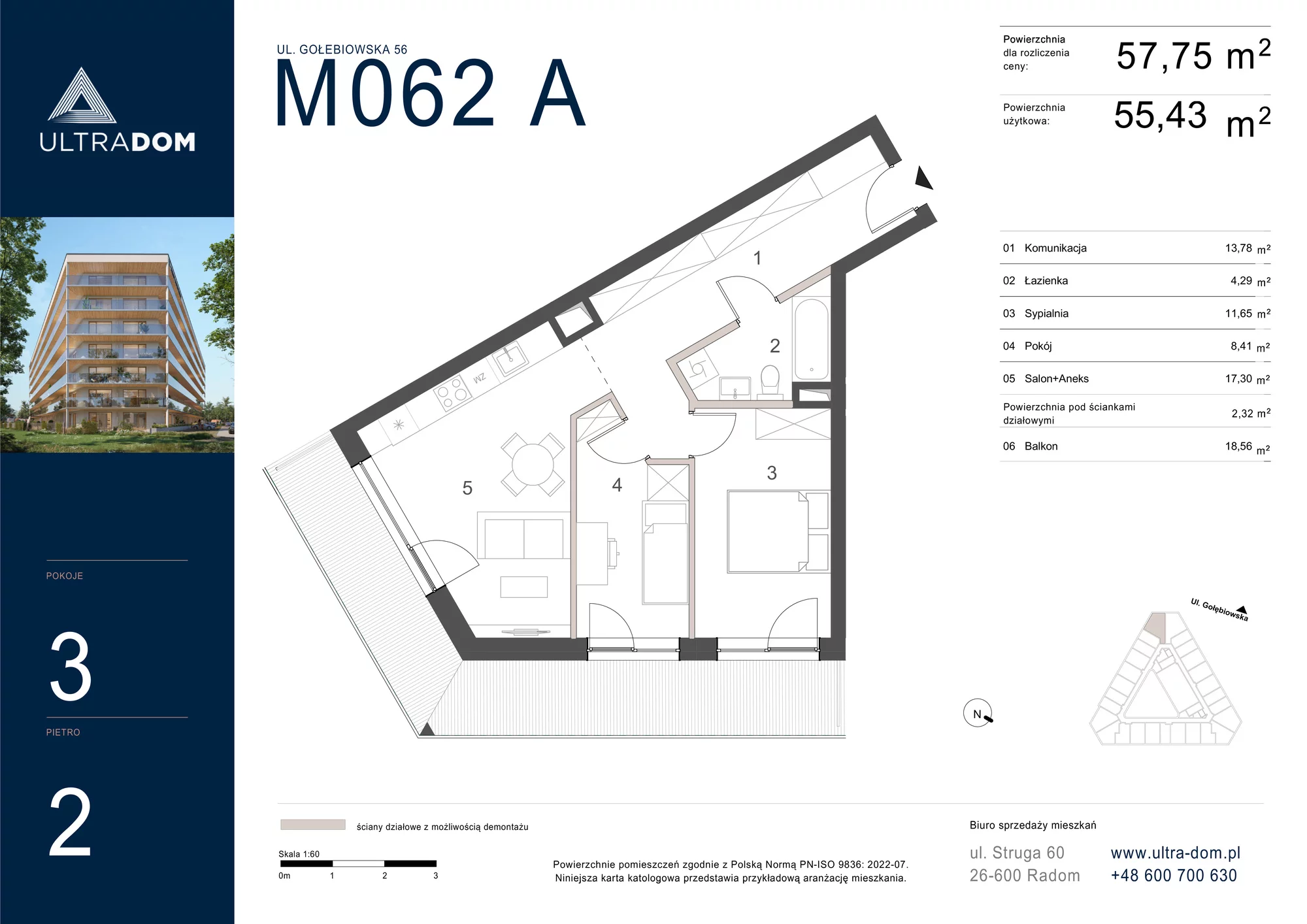 Mieszkanie 57,75 m², piętro 2, oferta nr M062A, ULTRADOM, Radom, Gołębiów, ul. Gołębiowska