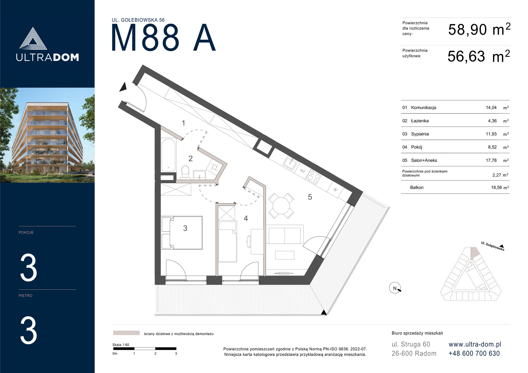 Mieszkanie 58,90 m², piętro 3, oferta nr M088A, ULTRADOM, Radom, Gołębiów, ul. Gołębiowska