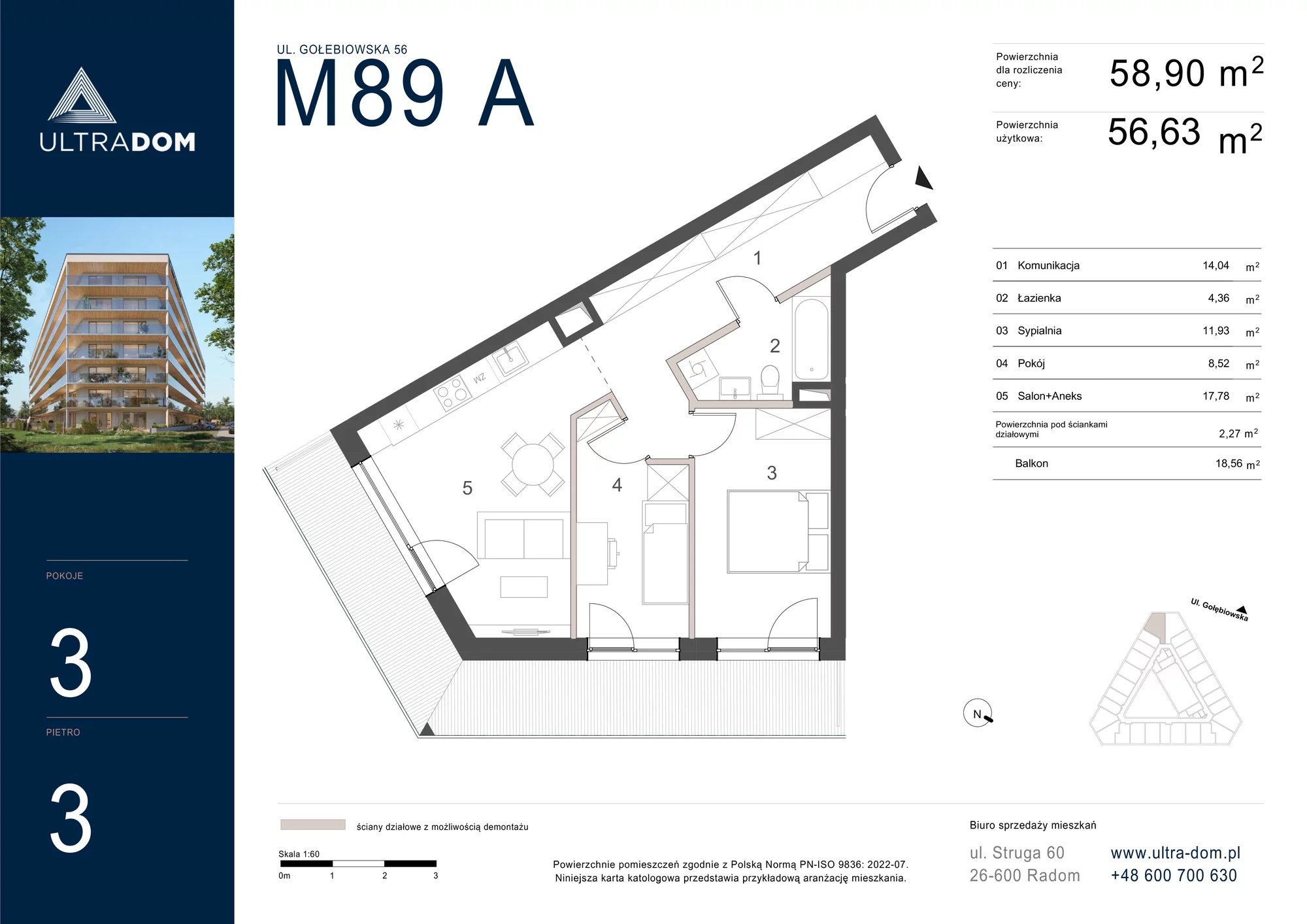 Mieszkanie 58,90 m², piętro 3, oferta nr M089A, ULTRADOM, Radom, Gołębiów, ul. Gołębiowska