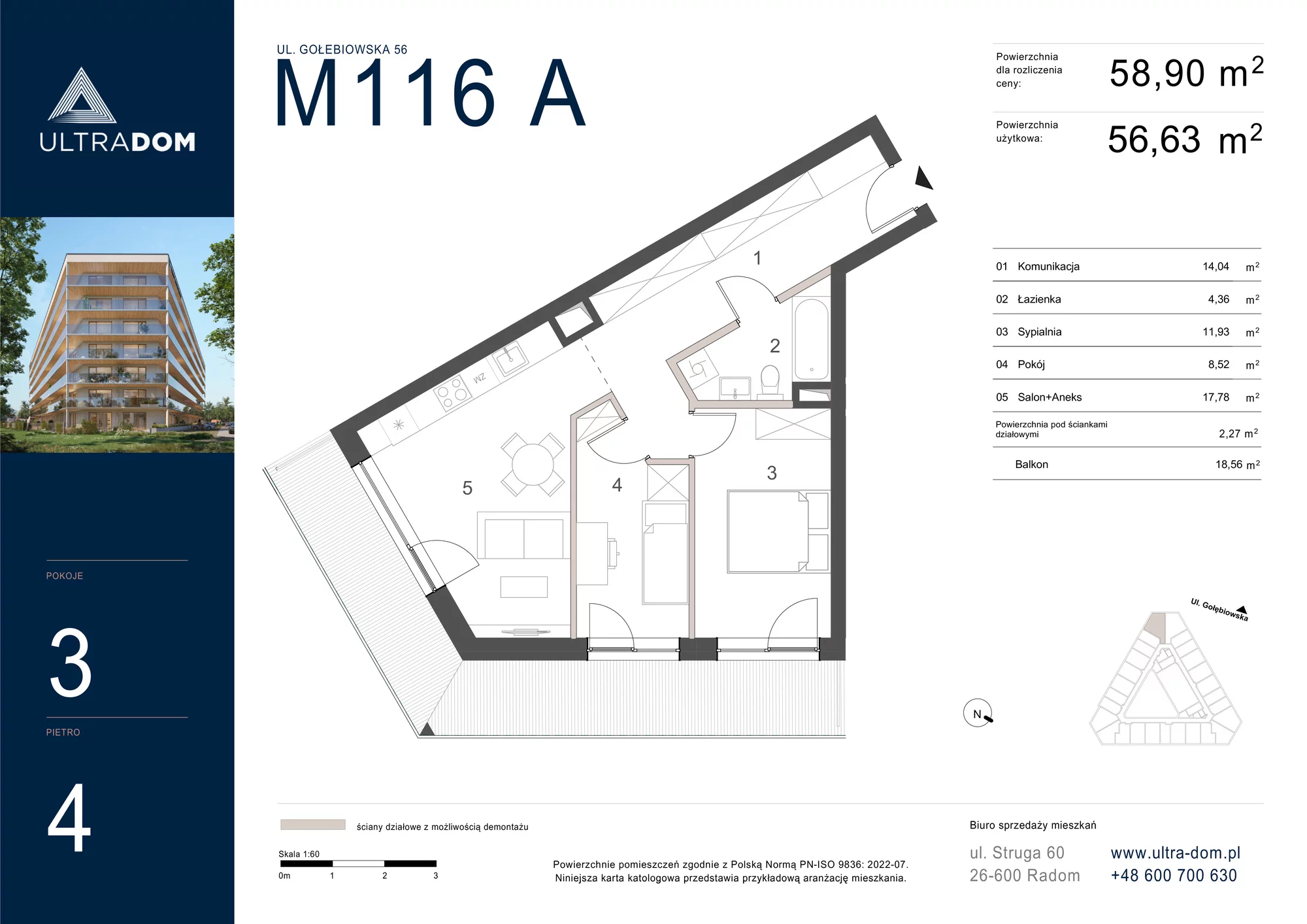 Mieszkanie 58,90 m², piętro 4, oferta nr M116A, ULTRADOM, Radom, Gołębiów, ul. Gołębiowska-idx