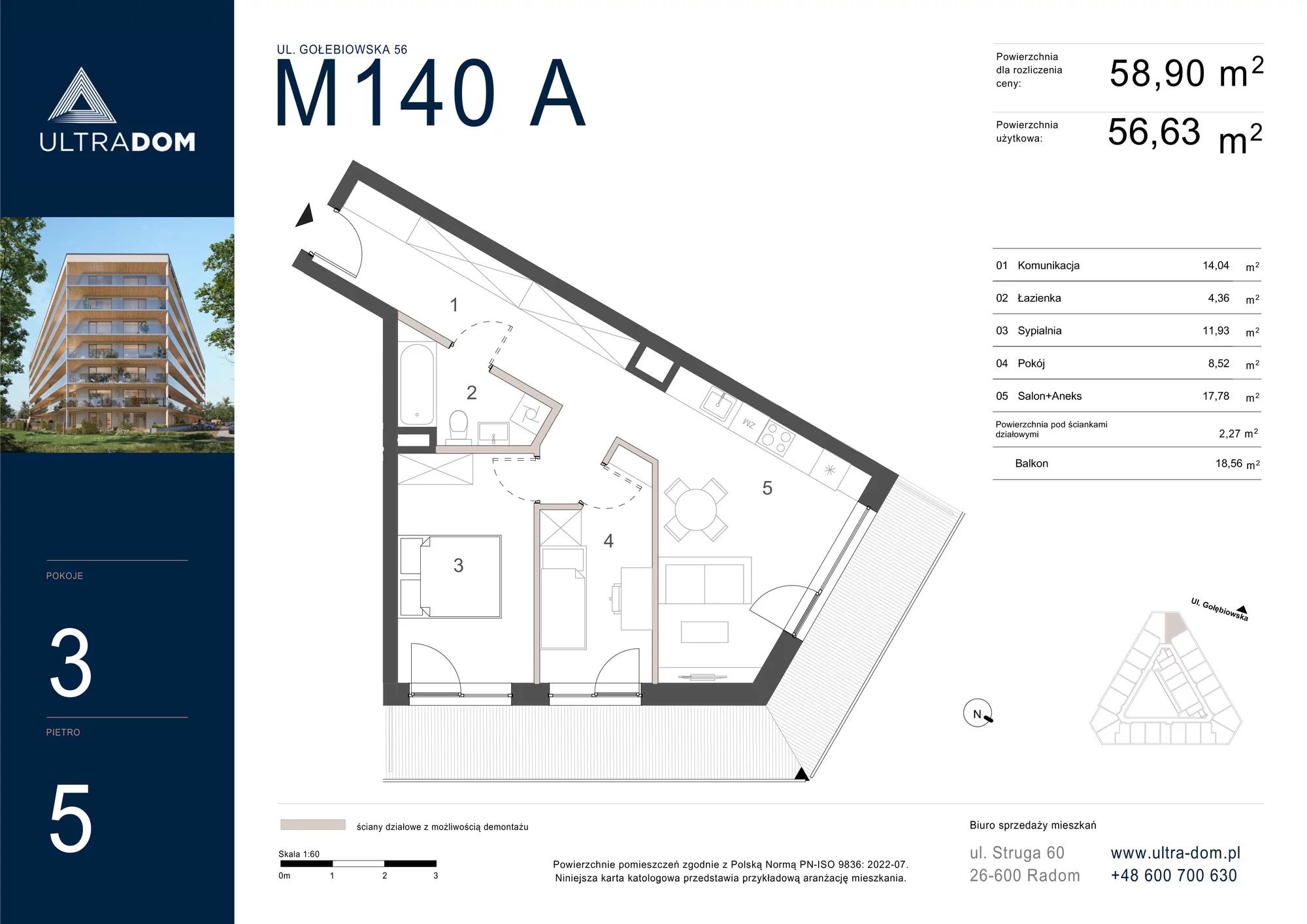 Mieszkanie 58,90 m², piętro 5, oferta nr M140A, ULTRADOM, Radom, Gołębiów, ul. Gołębiowska