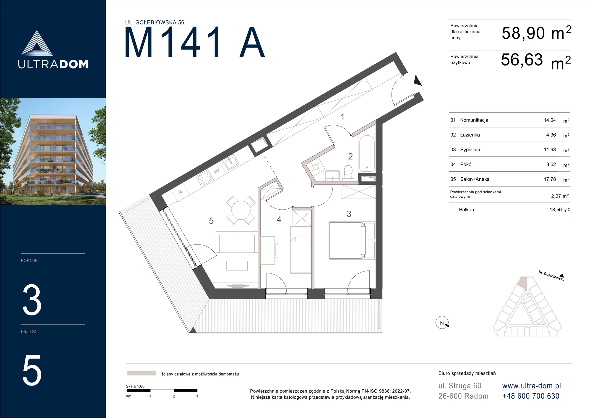 Mieszkanie 58,90 m², piętro 5, oferta nr M141A, ULTRADOM, Radom, Gołębiów, ul. Gołębiowska