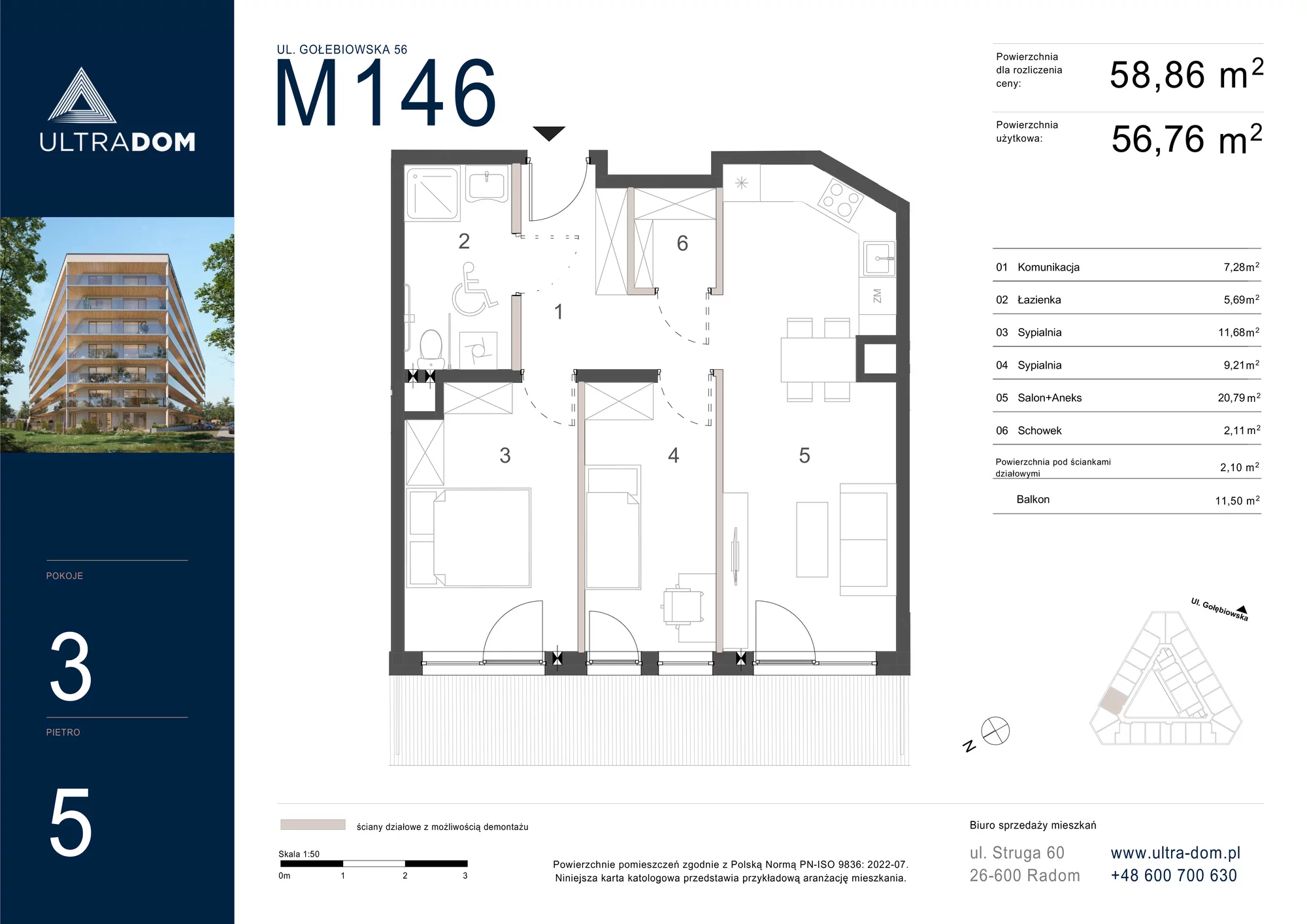 Mieszkanie 58,86 m², piętro 5, oferta nr M146, ULTRADOM, Radom, Gołębiów, ul. Gołębiowska