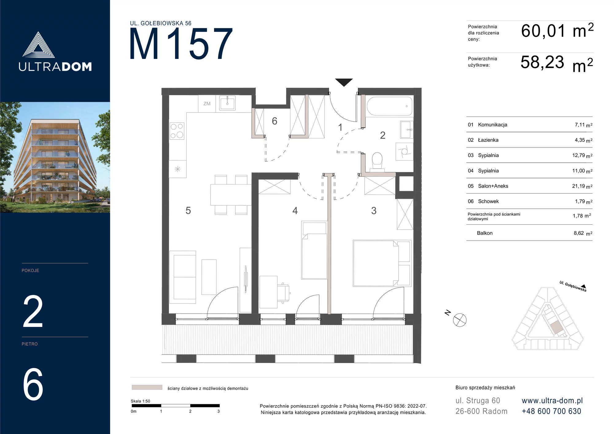 Mieszkanie 60,01 m², piętro 5, oferta nr M157, ULTRADOM, Radom, Gołębiów, ul. Gołębiowska