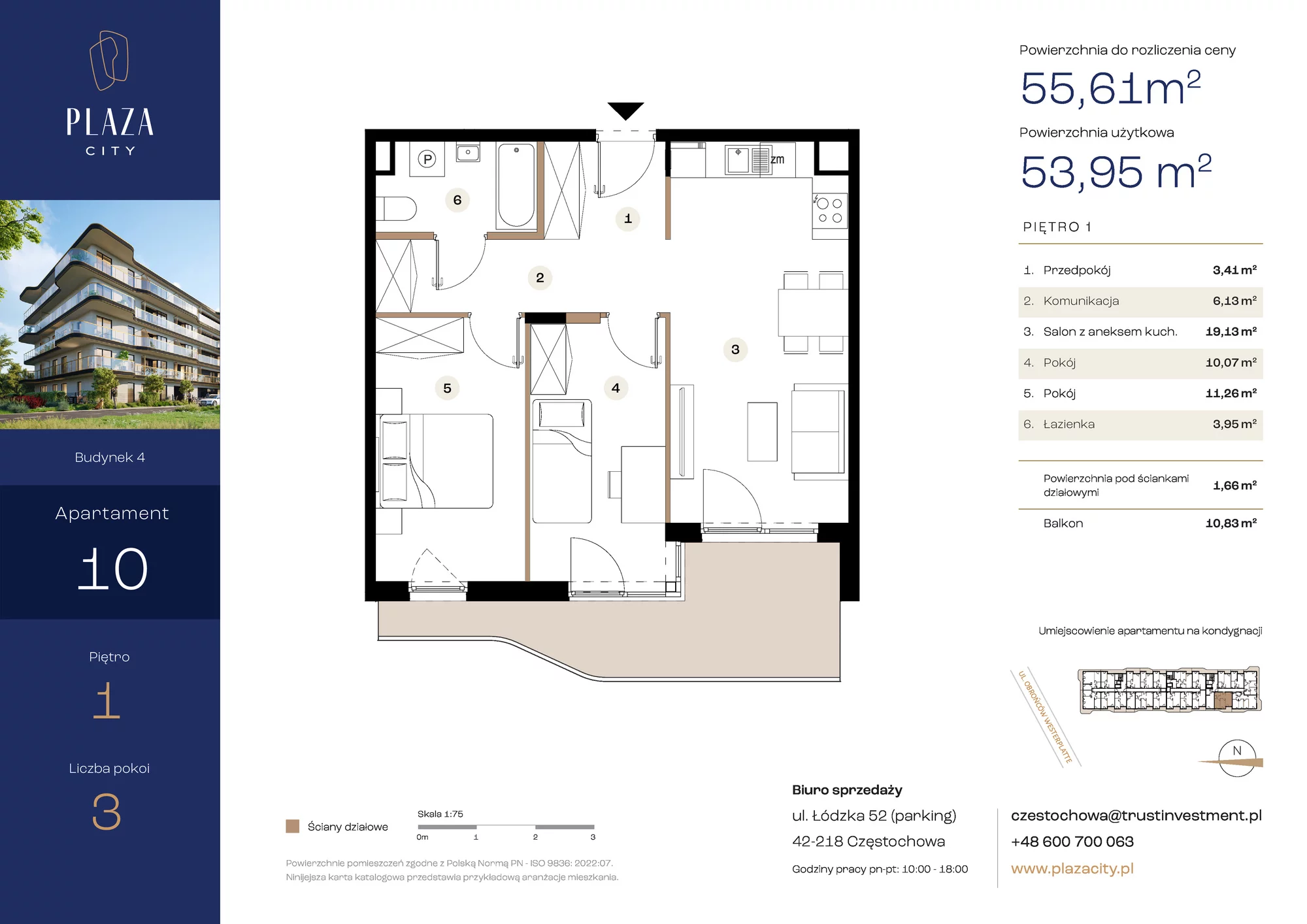 3 pokoje, mieszkanie 55,61 m², piętro 1, oferta nr B4M10, Plaza City, Częstochowa, Częstochówka-Parkitka, ul. Łódzka