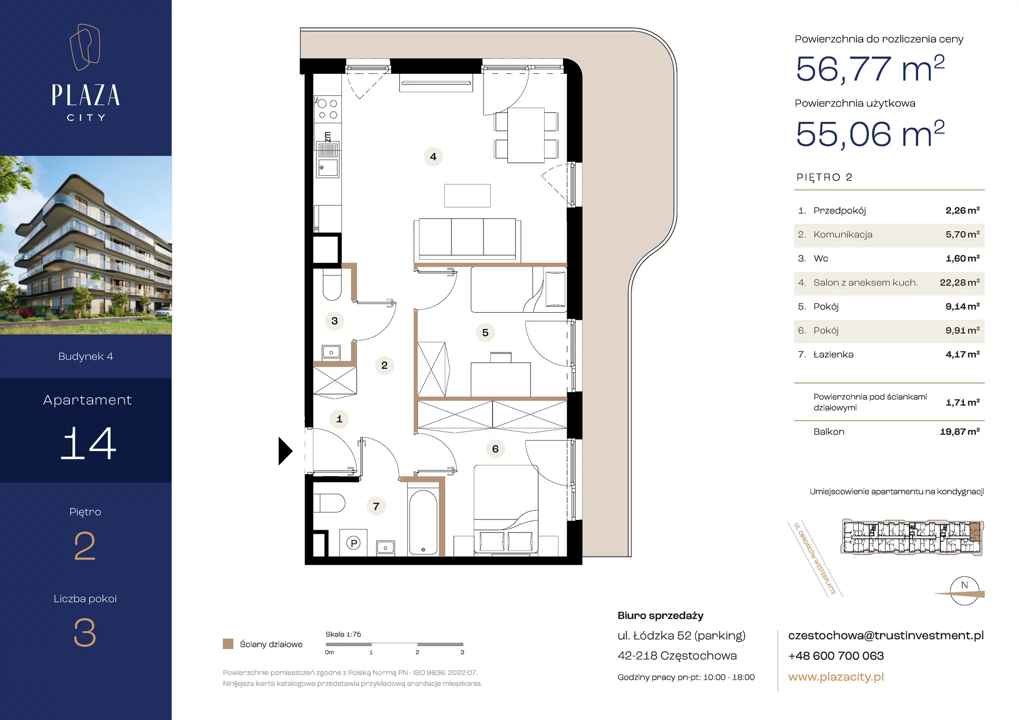 Mieszkanie 56,77 m², piętro 2, oferta nr B4M14, Plaza City, Częstochowa, Częstochówka-Parkitka, ul. Łódzka