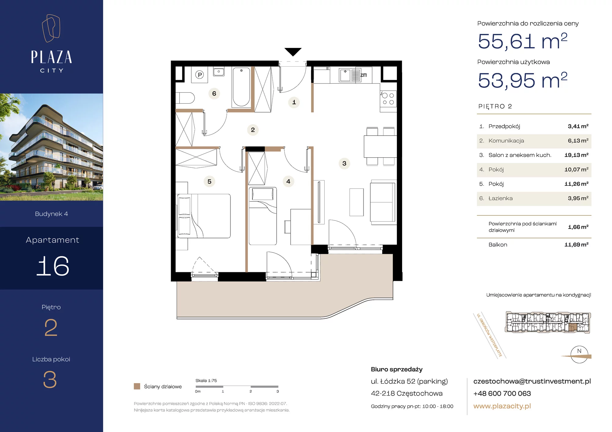 Mieszkanie 55,61 m², piętro 2, oferta nr B4M16, Plaza City, Częstochowa, Częstochówka-Parkitka, ul. Łódzka