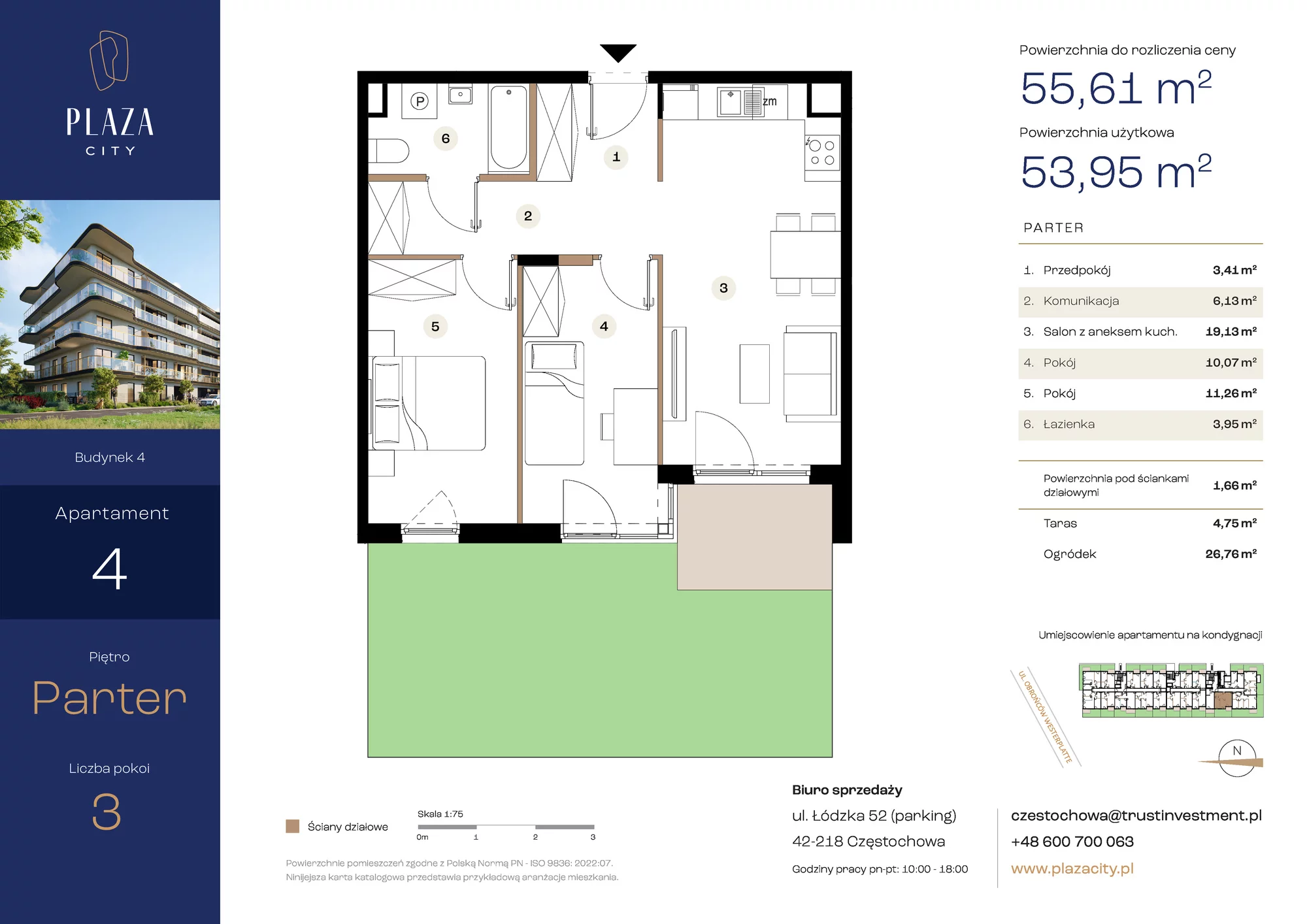 3 pokoje, mieszkanie 55,61 m², parter, oferta nr B4M4, Plaza City, Częstochowa, Częstochówka-Parkitka, ul. Łódzka