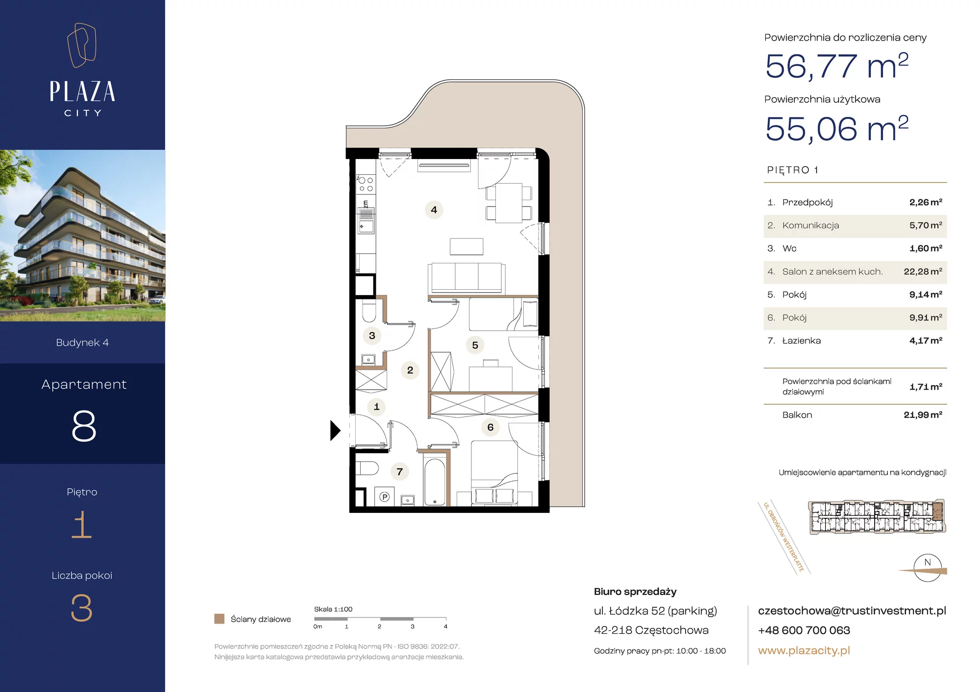 3 pokoje, mieszkanie 56,77 m², piętro 1, oferta nr B4M8, Plaza City, Częstochowa, Częstochówka-Parkitka, ul. Łódzka