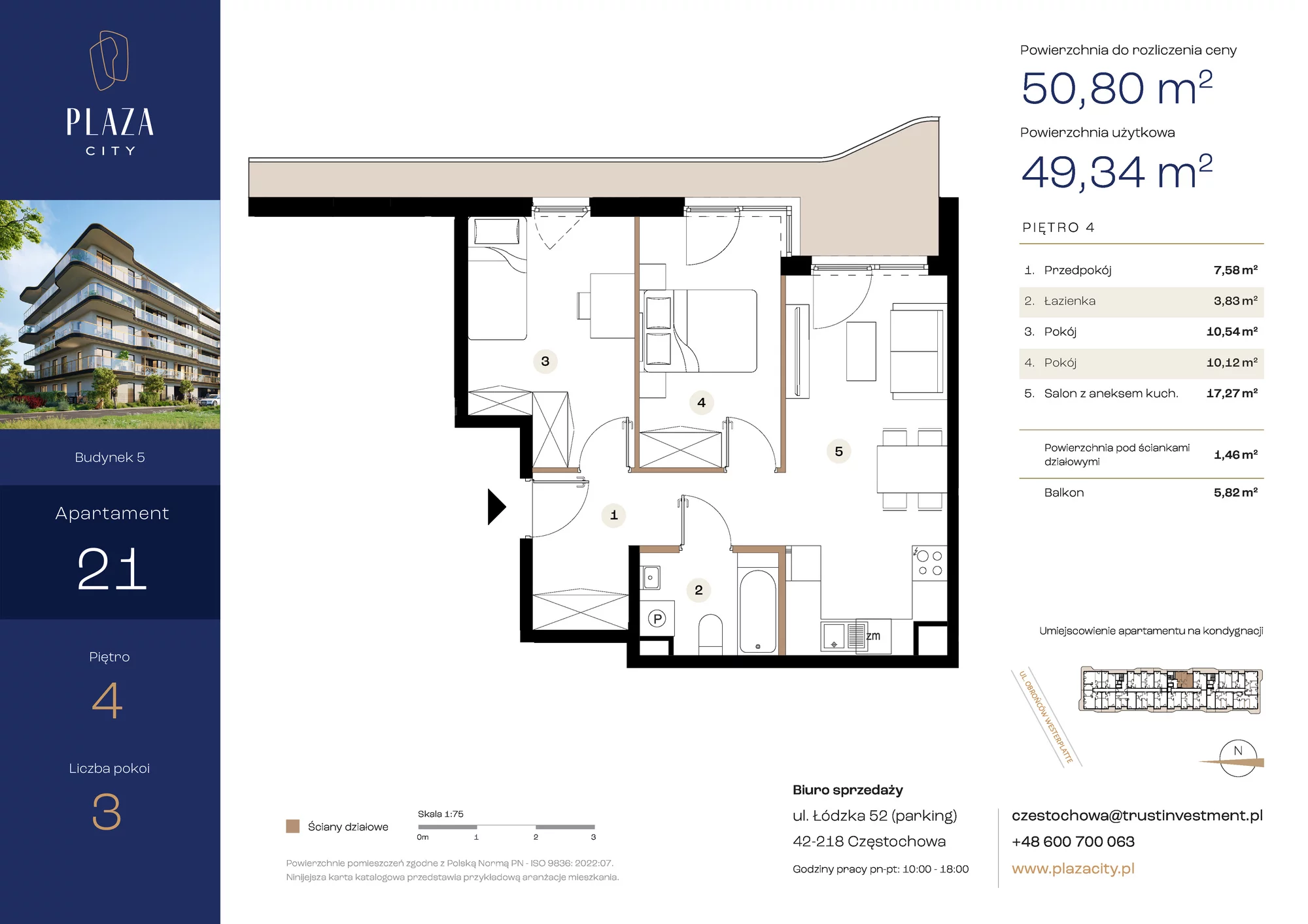 Mieszkanie 50,80 m², piętro 4, oferta nr B5M21, Plaza City, Częstochowa, Częstochówka-Parkitka, ul. Łódzka