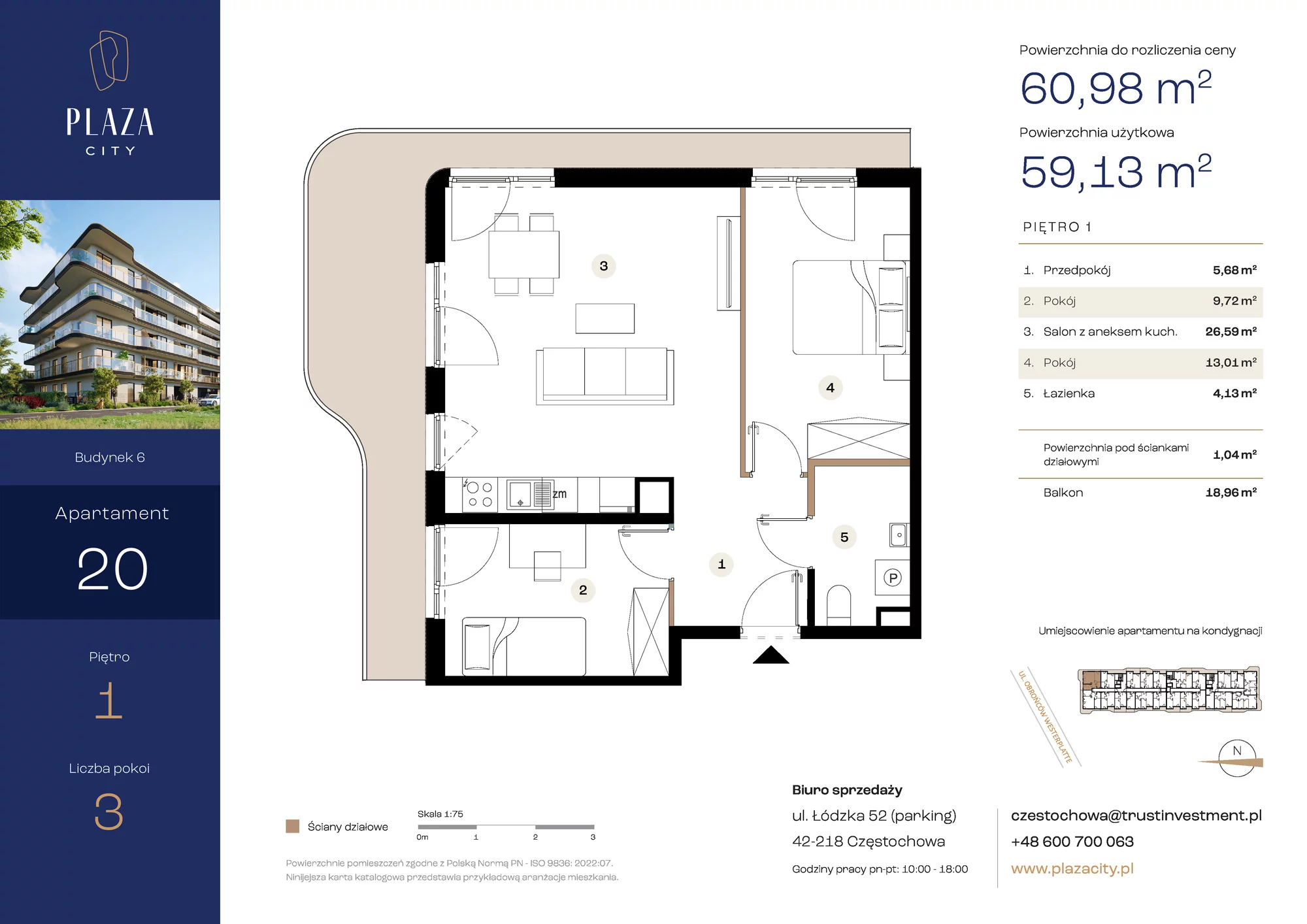 3 pokoje, mieszkanie 60,17 m², piętro 1, oferta nr B6M20, Plaza City, Częstochowa, Częstochówka-Parkitka, ul. Łódzka