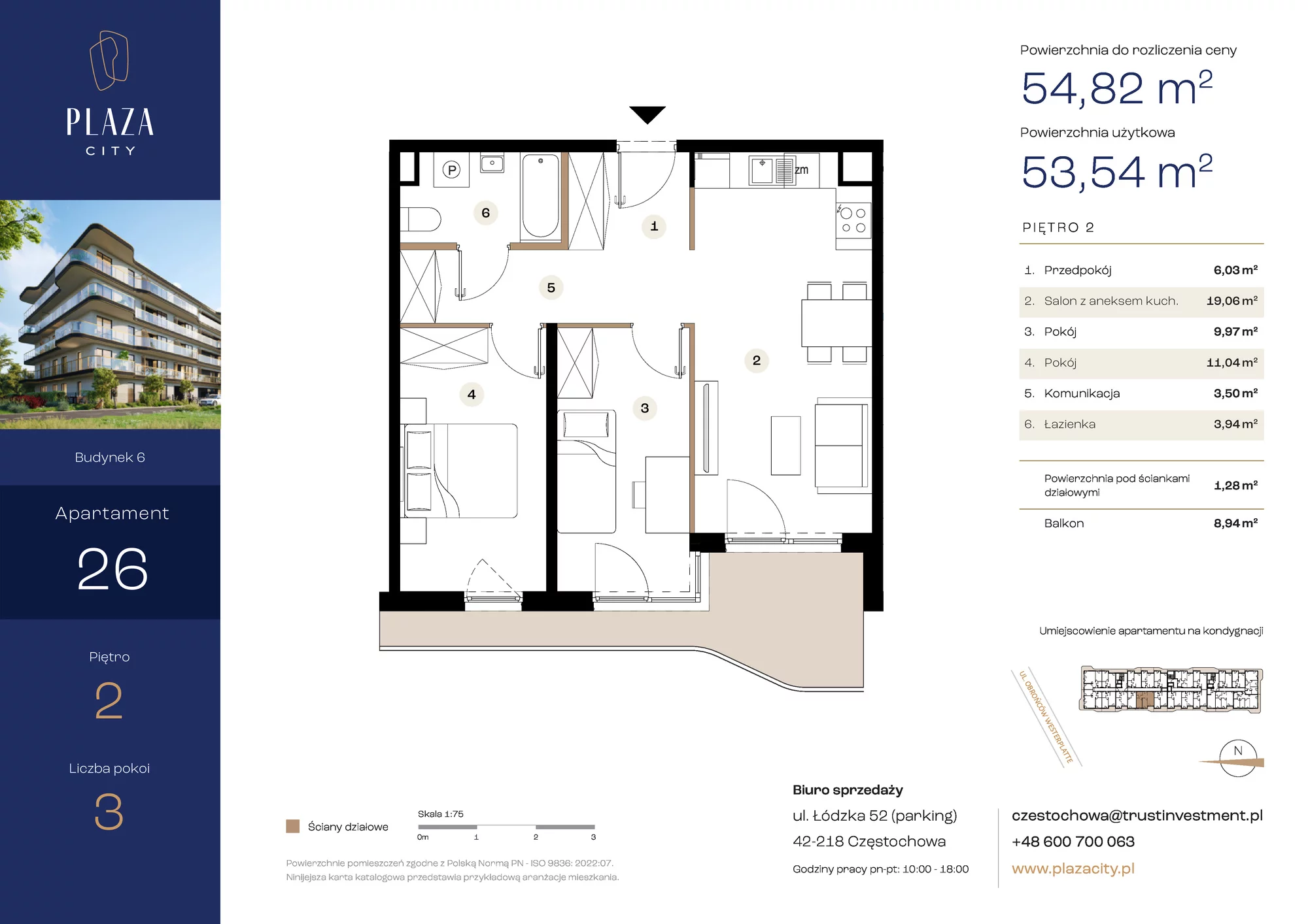 Mieszkanie 54,82 m², piętro 2, oferta nr B6M26, Plaza City, Częstochowa, Częstochówka-Parkitka, ul. Łódzka