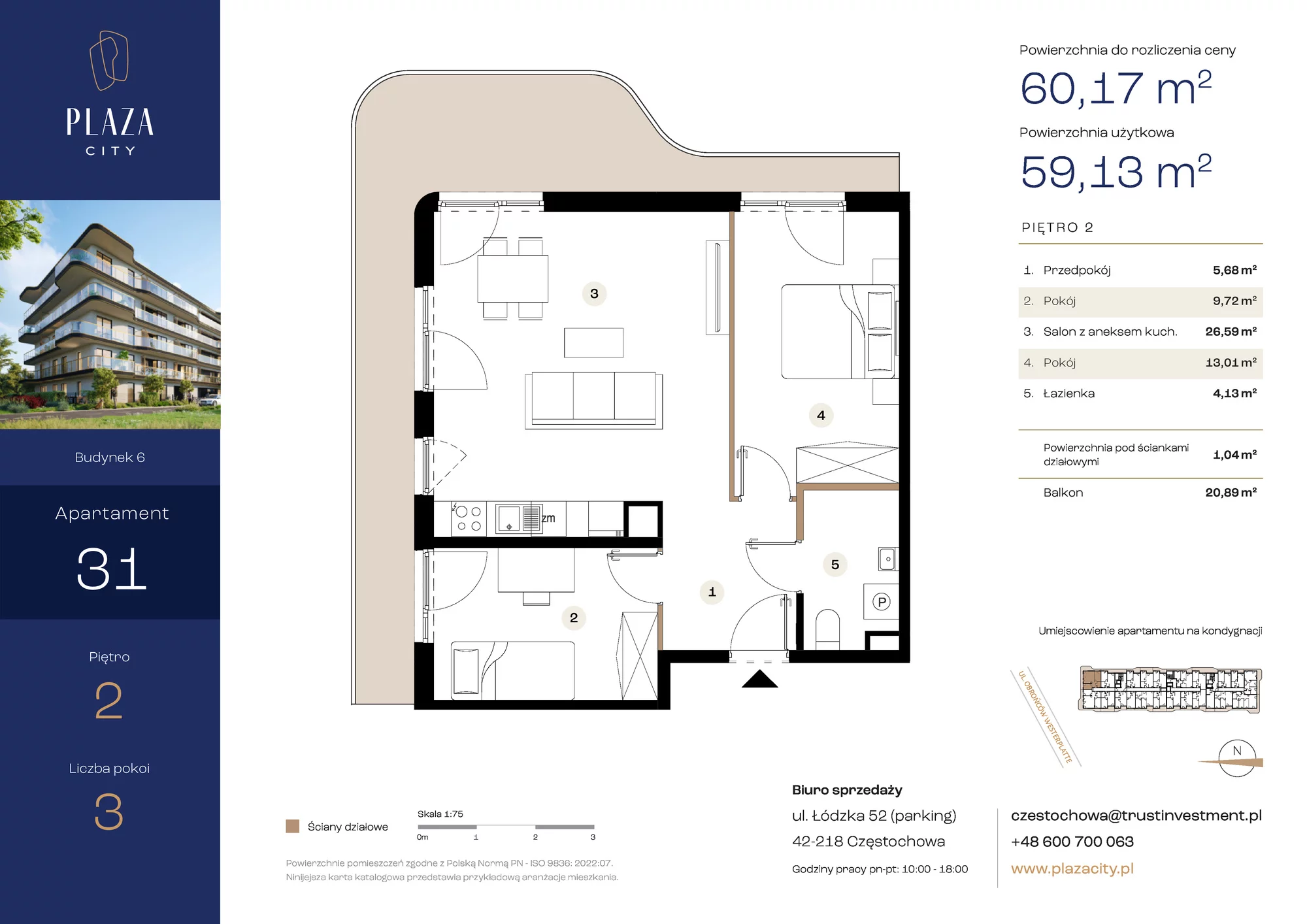 Mieszkanie 60,17 m², piętro 2, oferta nr B6M31, Plaza City, Częstochowa, Częstochówka-Parkitka, ul. Łódzka