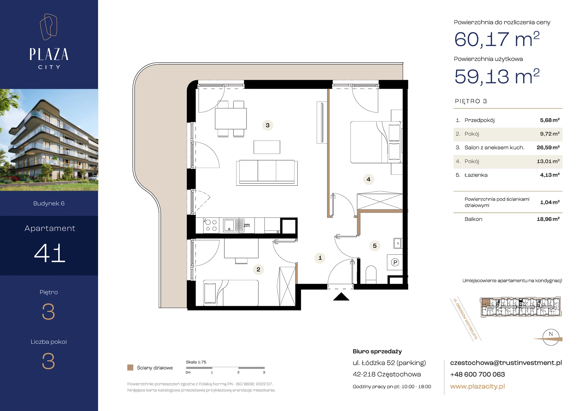 Mieszkanie 60,17 m², piętro 3, oferta nr B6M41, Plaza City, Częstochowa, Częstochówka-Parkitka, ul. Łódzka