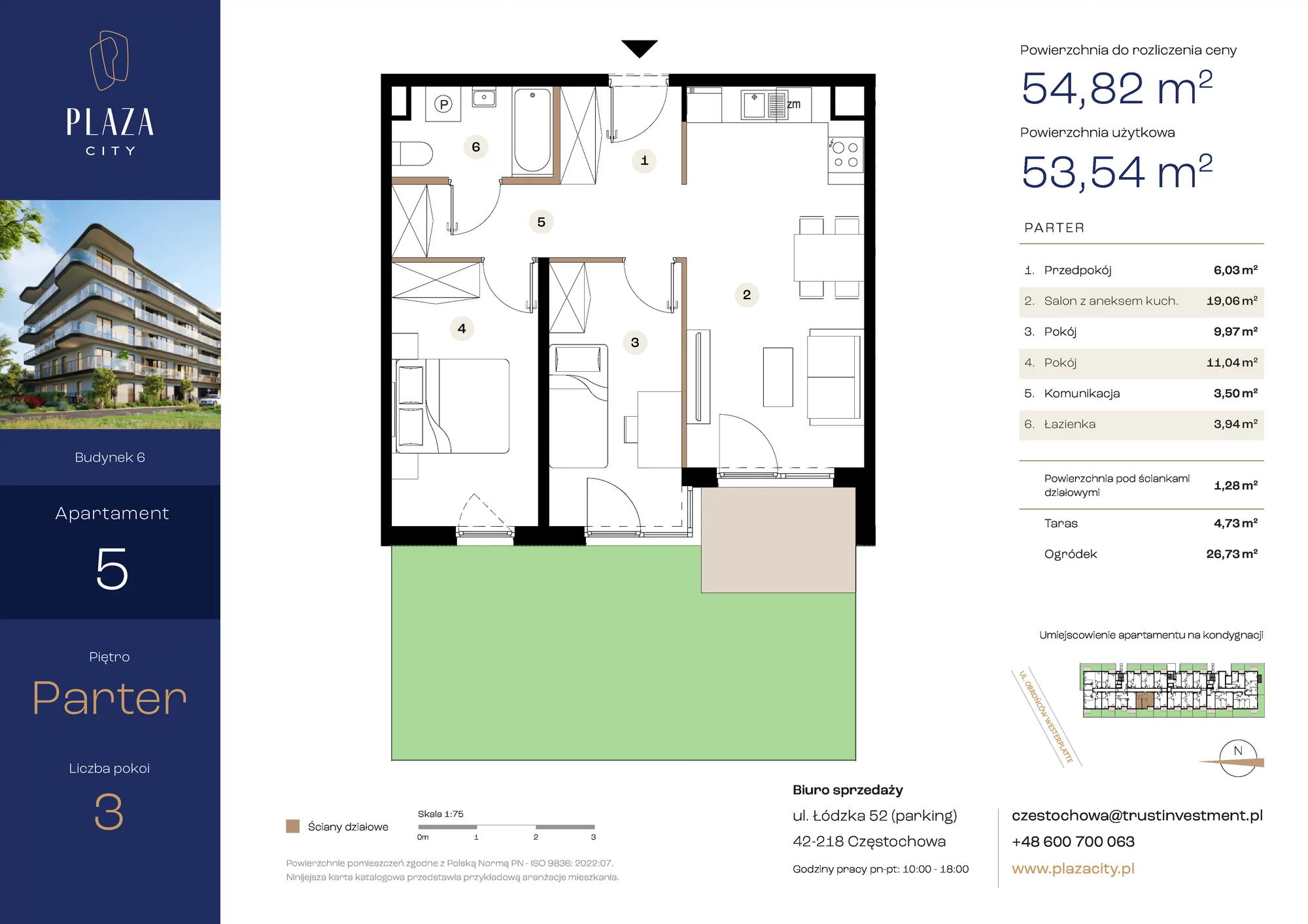 3 pokoje, mieszkanie 54,82 m², parter, oferta nr B6M5, Plaza City, Częstochowa, Częstochówka-Parkitka, ul. Łódzka