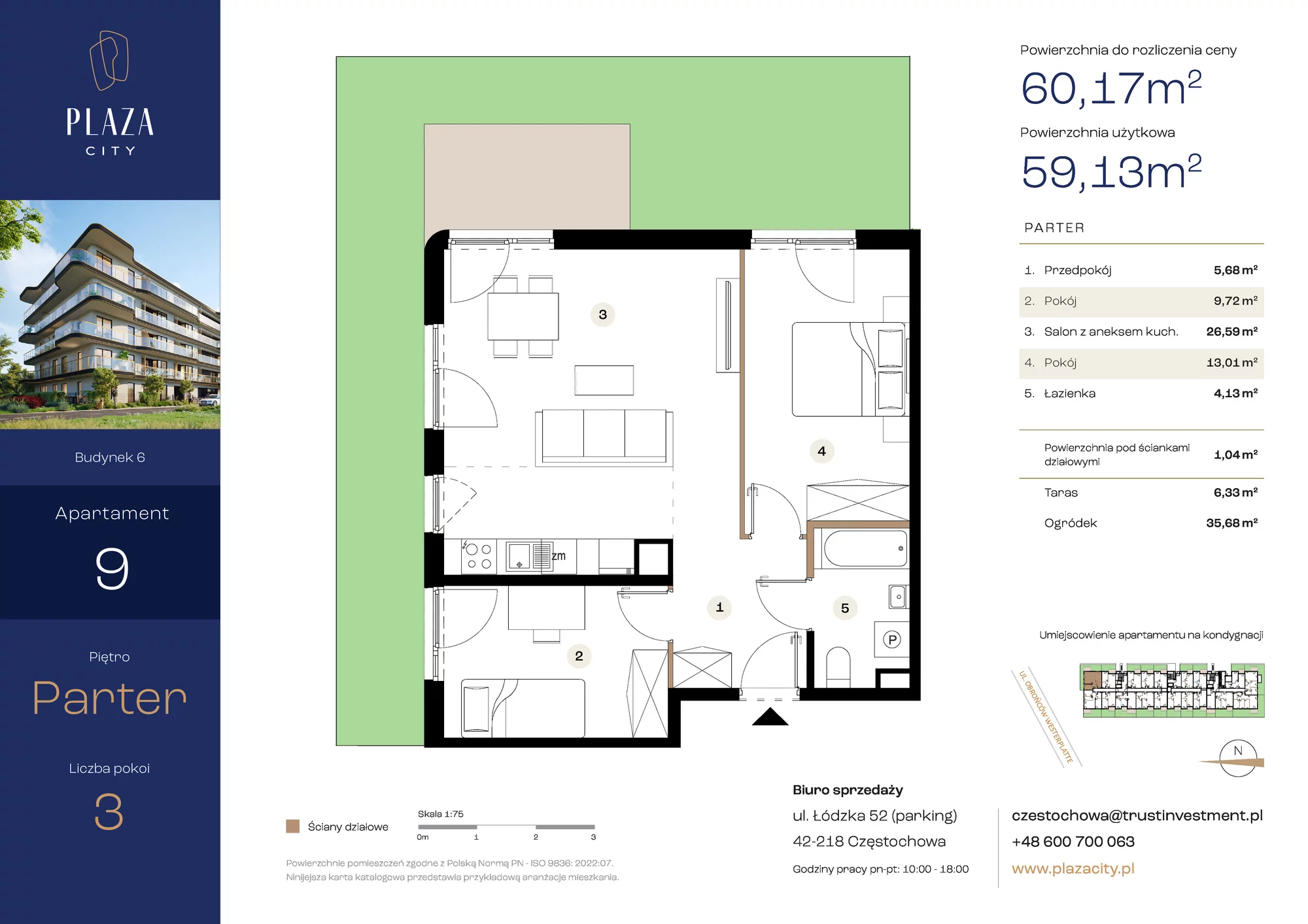 3 pokoje, mieszkanie 60,17 m², parter, oferta nr B6M9, Plaza City, Częstochowa, Częstochówka-Parkitka, ul. Łódzka