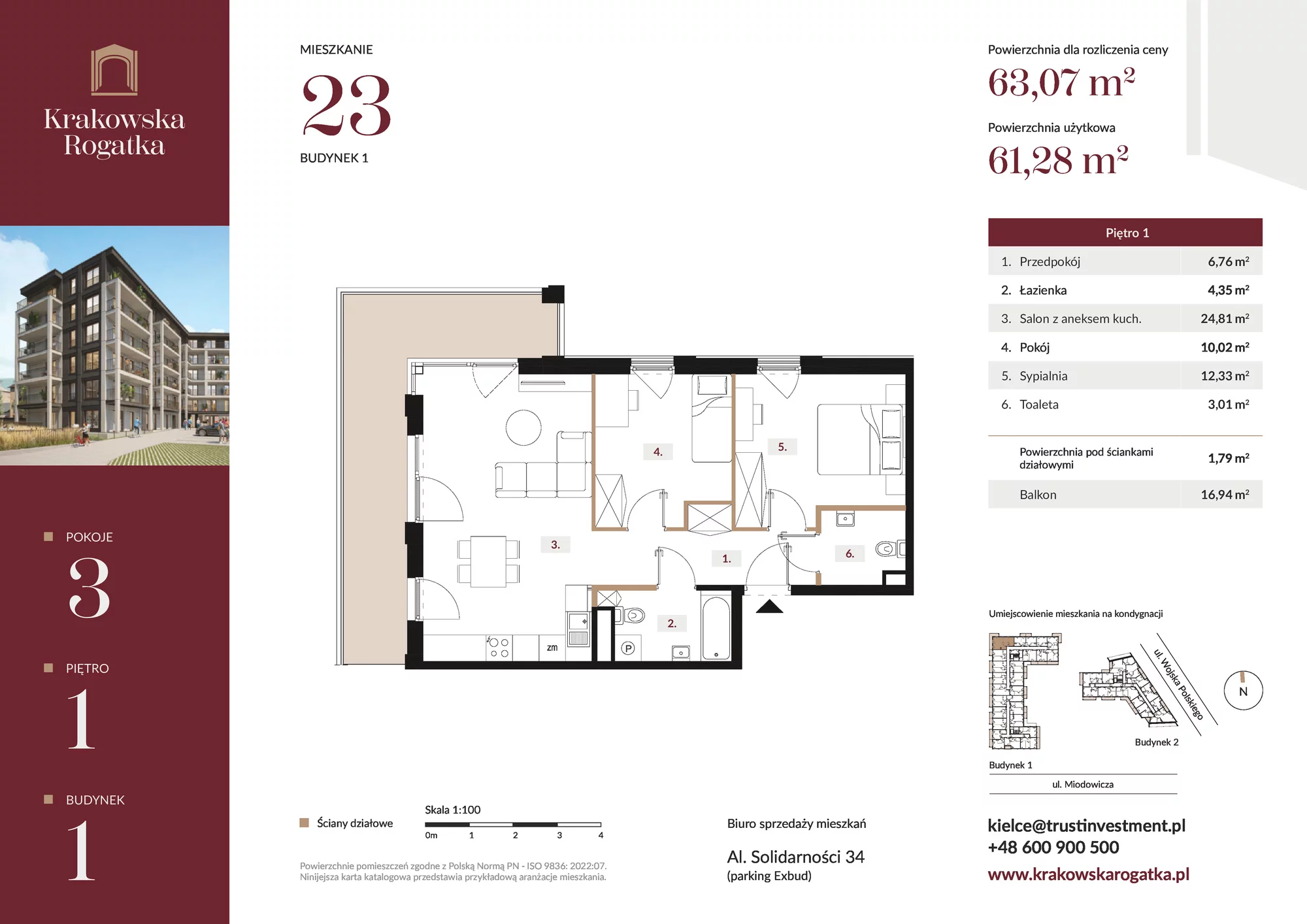 Mieszkanie 63,07 m², piętro 1, oferta nr Budynek 1 Mieszkanie 23, Krakowska Rogatka, Kielce, Centrum, ul. Miodowicza 1