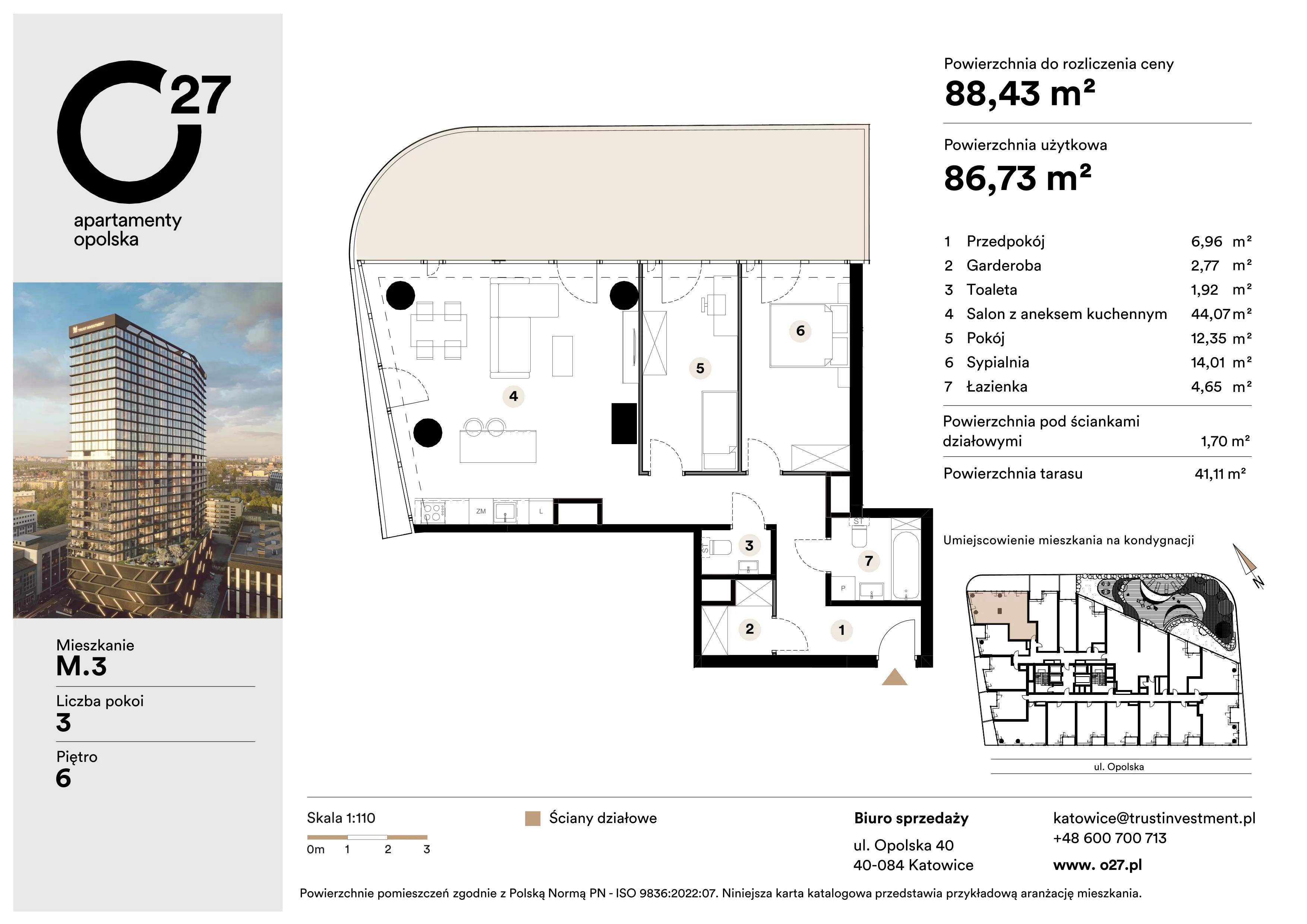 3 pokoje, apartament 88,43 m², piętro 6, oferta nr M.3, O27 Apartamenty Opolska, Katowice, Śródmieście, ul. Opolska 27