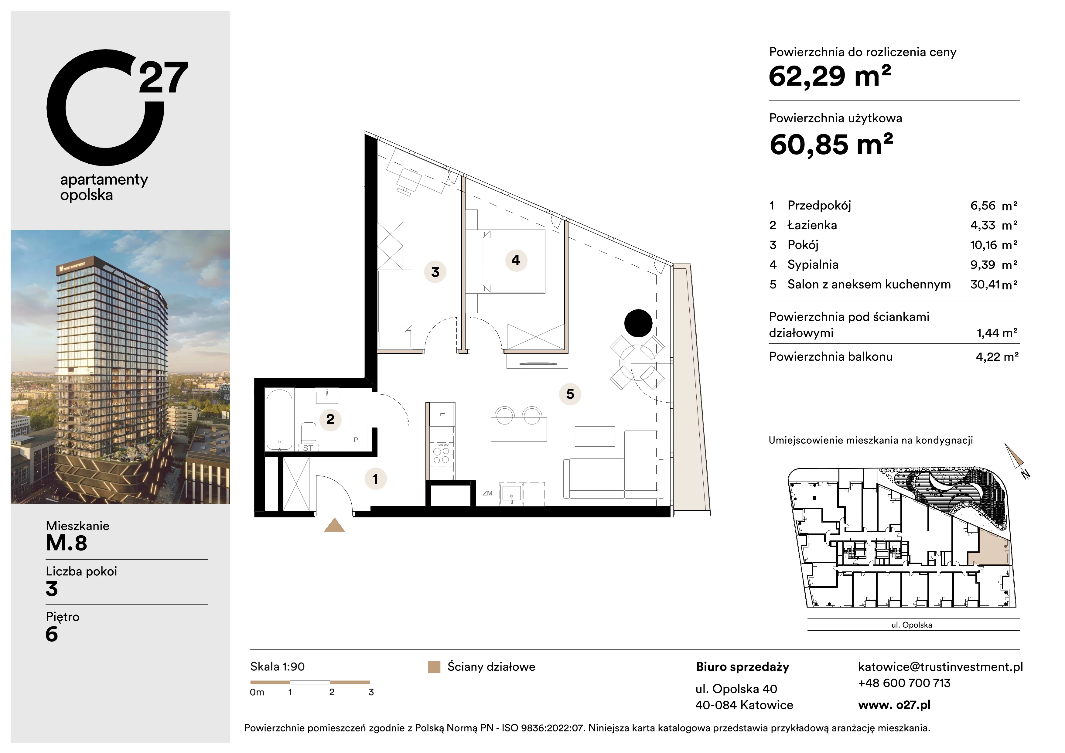 3 pokoje, apartament 62,29 m², piętro 6, oferta nr M.8, O27 Apartamenty Opolska, Katowice, Śródmieście, ul. Opolska 27