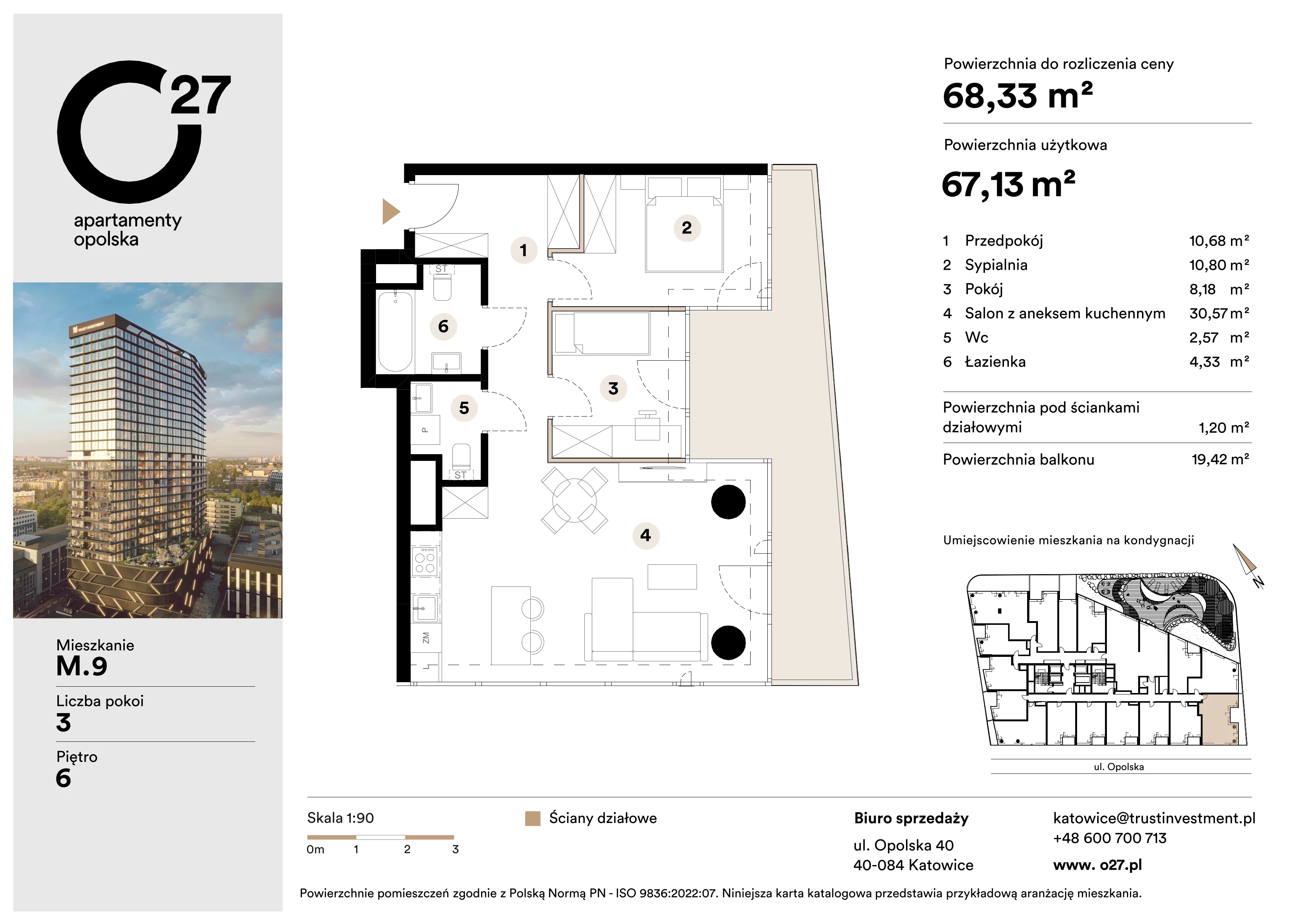 3 pokoje, apartament 68,33 m², piętro 6, oferta nr M.9, O27 Apartamenty Opolska, Katowice, Śródmieście, ul. Opolska 27