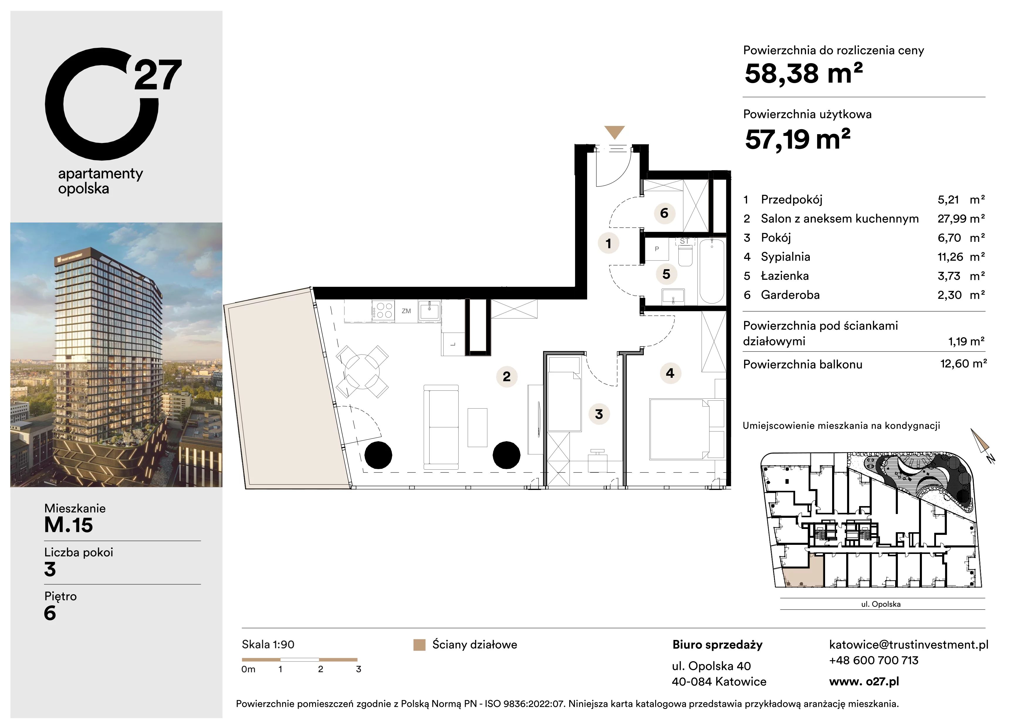 3 pokoje, apartament 58,38 m², piętro 6, oferta nr M.15, O27 Apartamenty Opolska, Katowice, Śródmieście, ul. Opolska 27