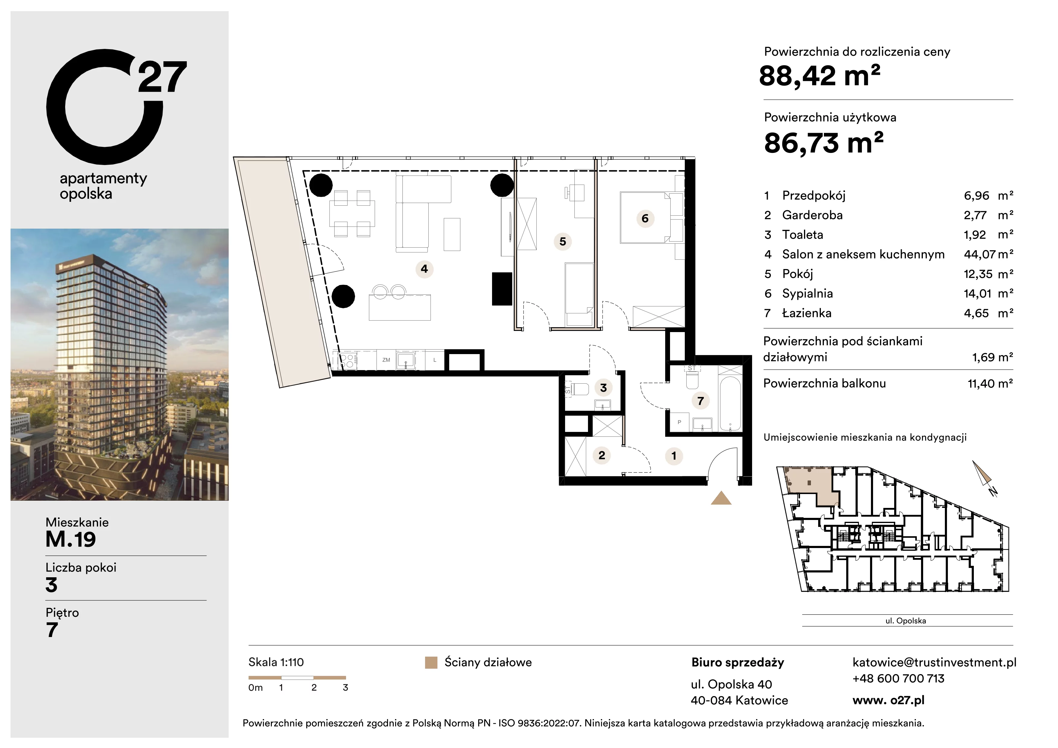 3 pokoje, apartament 88,42 m², piętro 7, oferta nr M.19, O27 Apartamenty Opolska, Katowice, Śródmieście, ul. Opolska 27