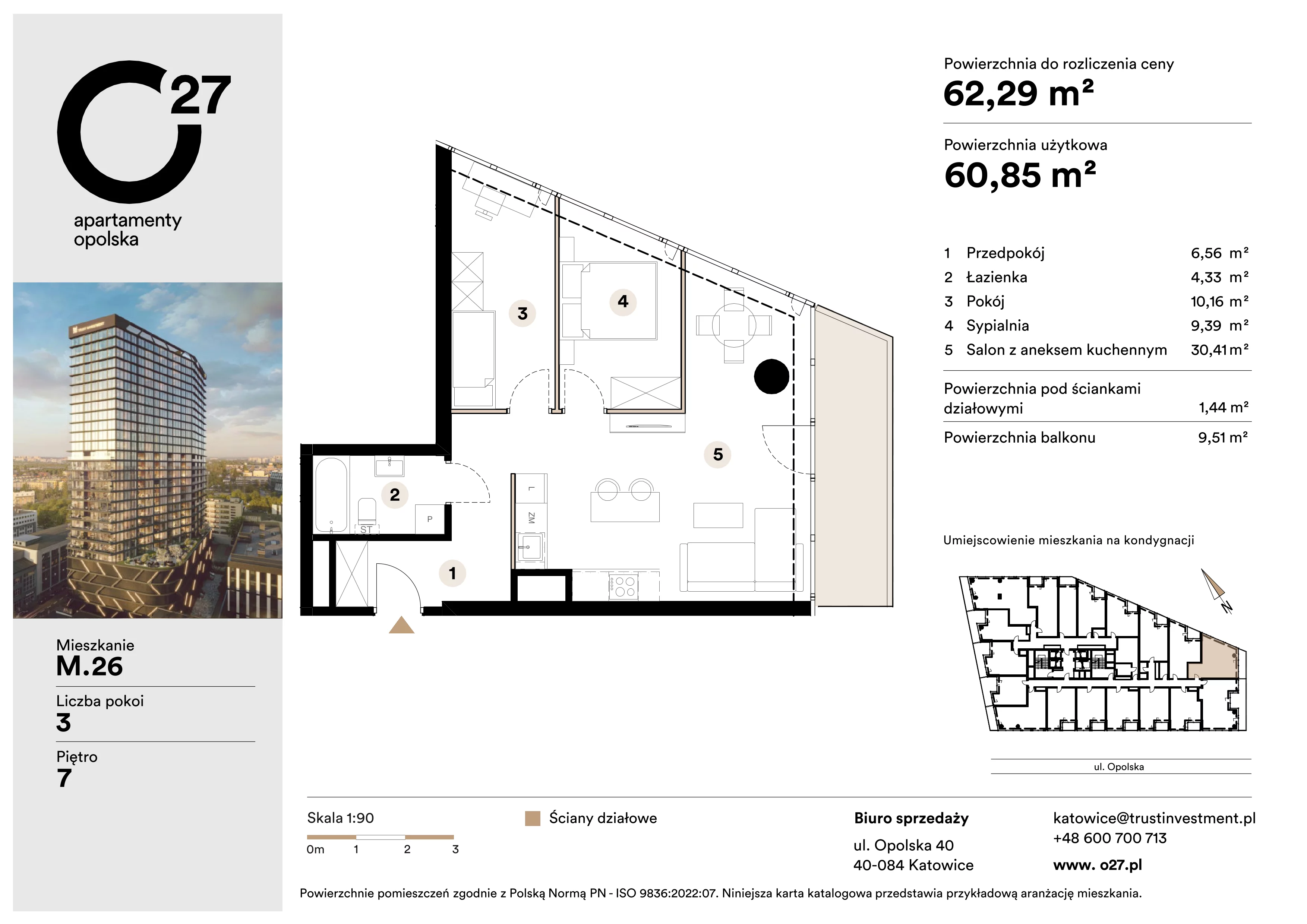 3 pokoje, apartament 62,29 m², piętro 7, oferta nr M.26, O27 Apartamenty Opolska, Katowice, Śródmieście, ul. Opolska 27