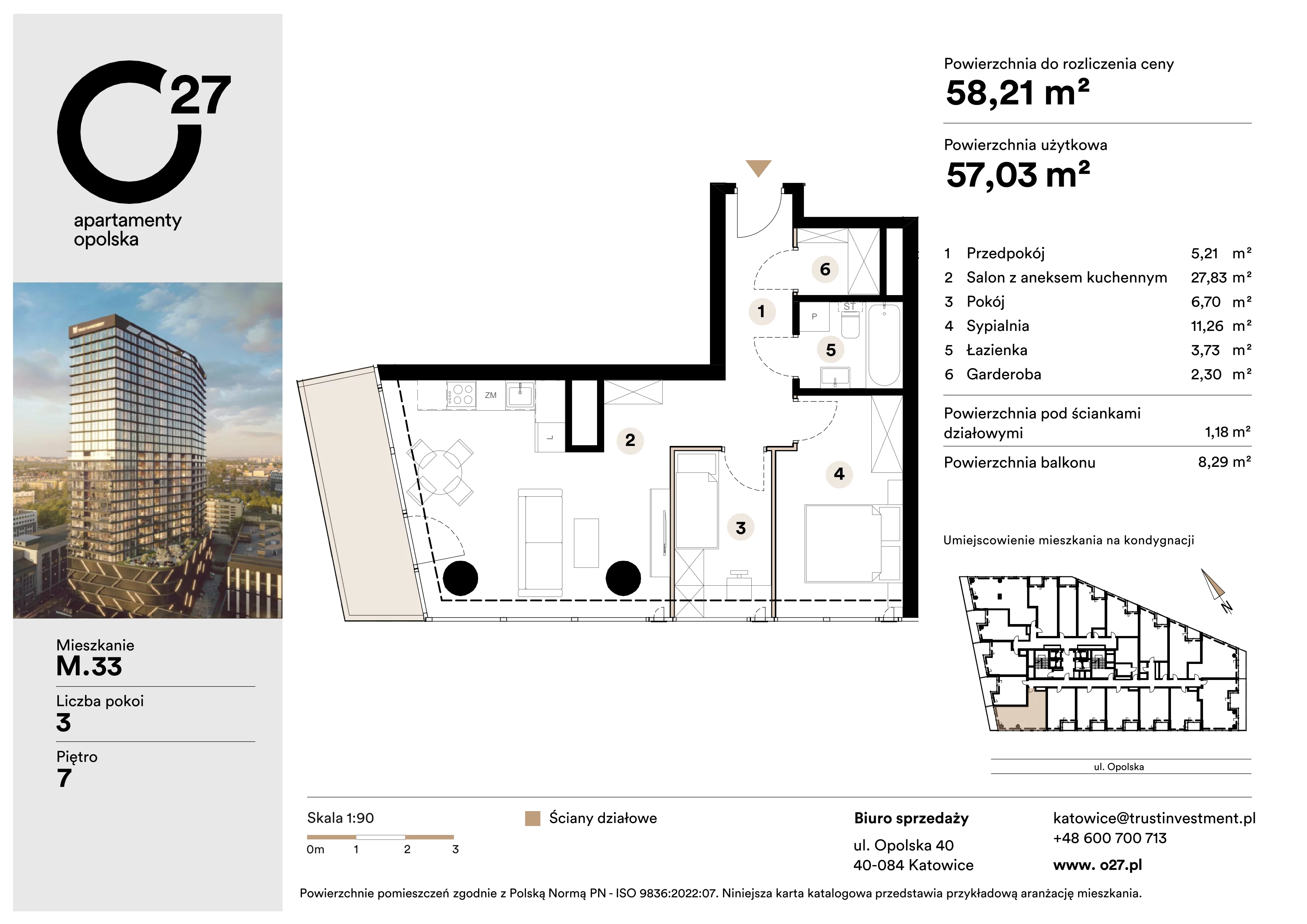 3 pokoje, apartament 58,21 m², piętro 7, oferta nr M.33, O27 Apartamenty Opolska, Katowice, Śródmieście, ul. Opolska 27