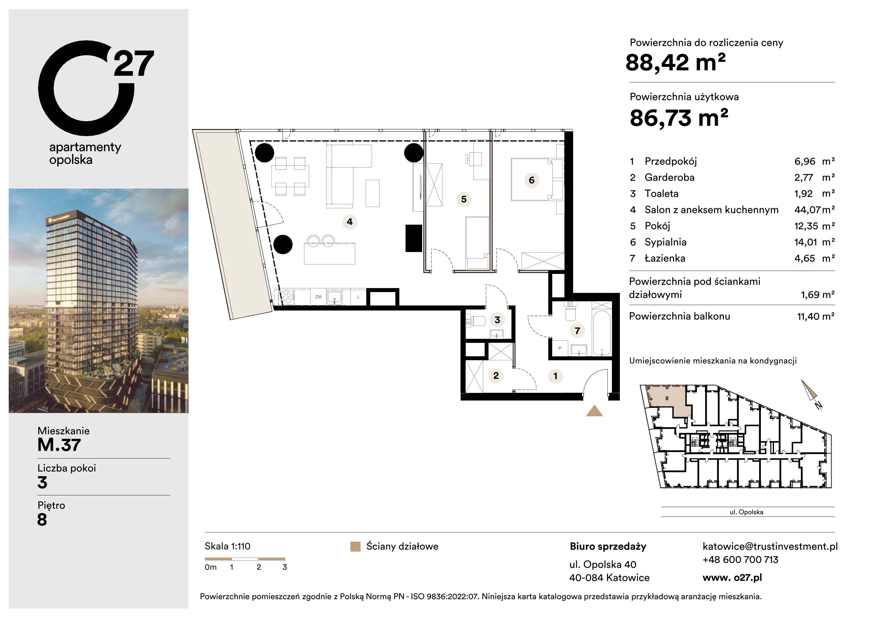 3 pokoje, apartament 88,42 m², piętro 8, oferta nr M.37, O27 Apartamenty Opolska, Katowice, Śródmieście, ul. Opolska 27