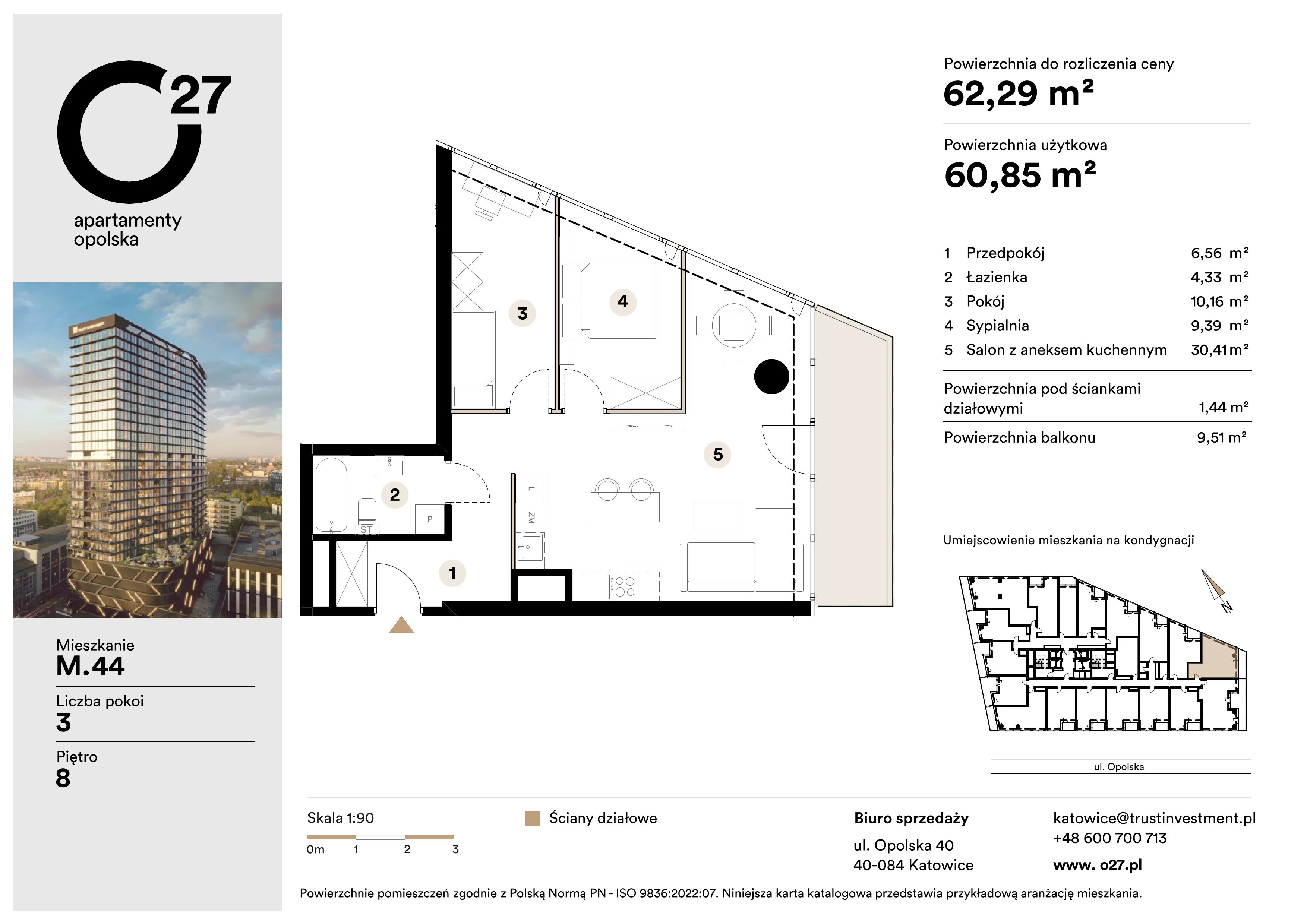 3 pokoje, apartament 62,29 m², piętro 8, oferta nr M.44, O27 Apartamenty Opolska, Katowice, Śródmieście, ul. Opolska 27